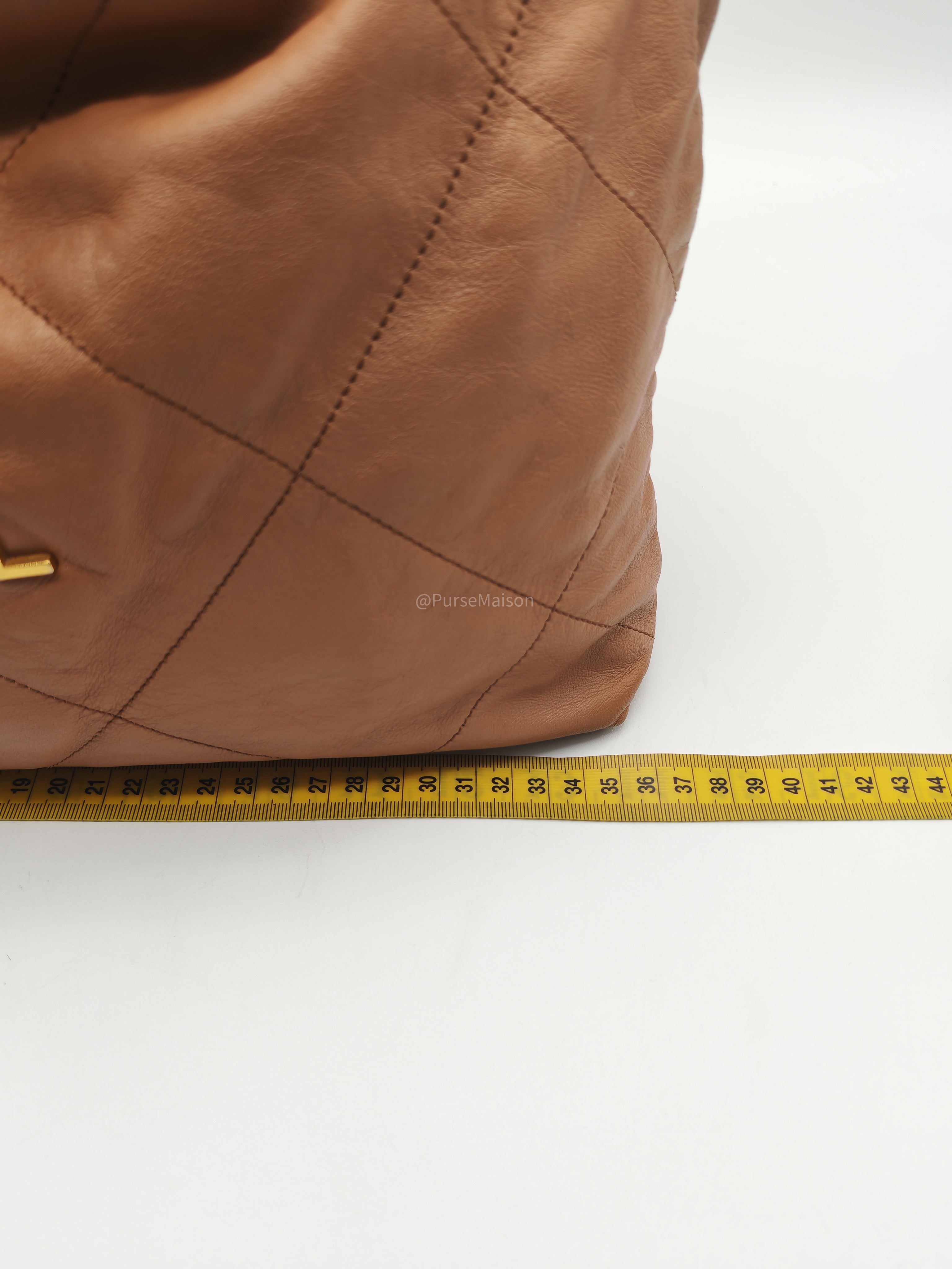 Chanel 22 Medium in Caramel Calfskin Leather Aged Gold Hardware (Microchip)