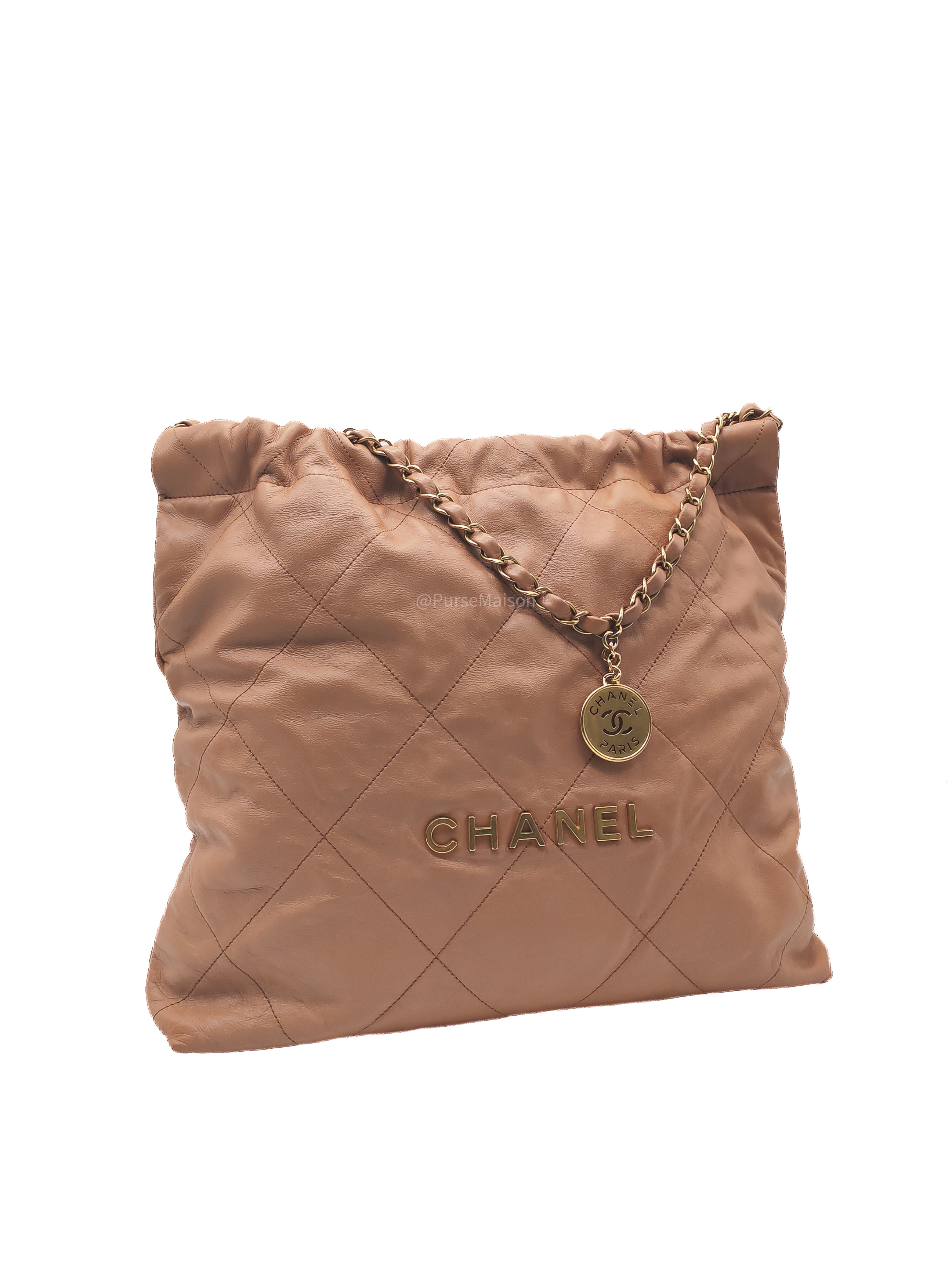 Chanel 22 Medium in Caramel Calfskin Leather Aged Gold Hardware (Microchip)