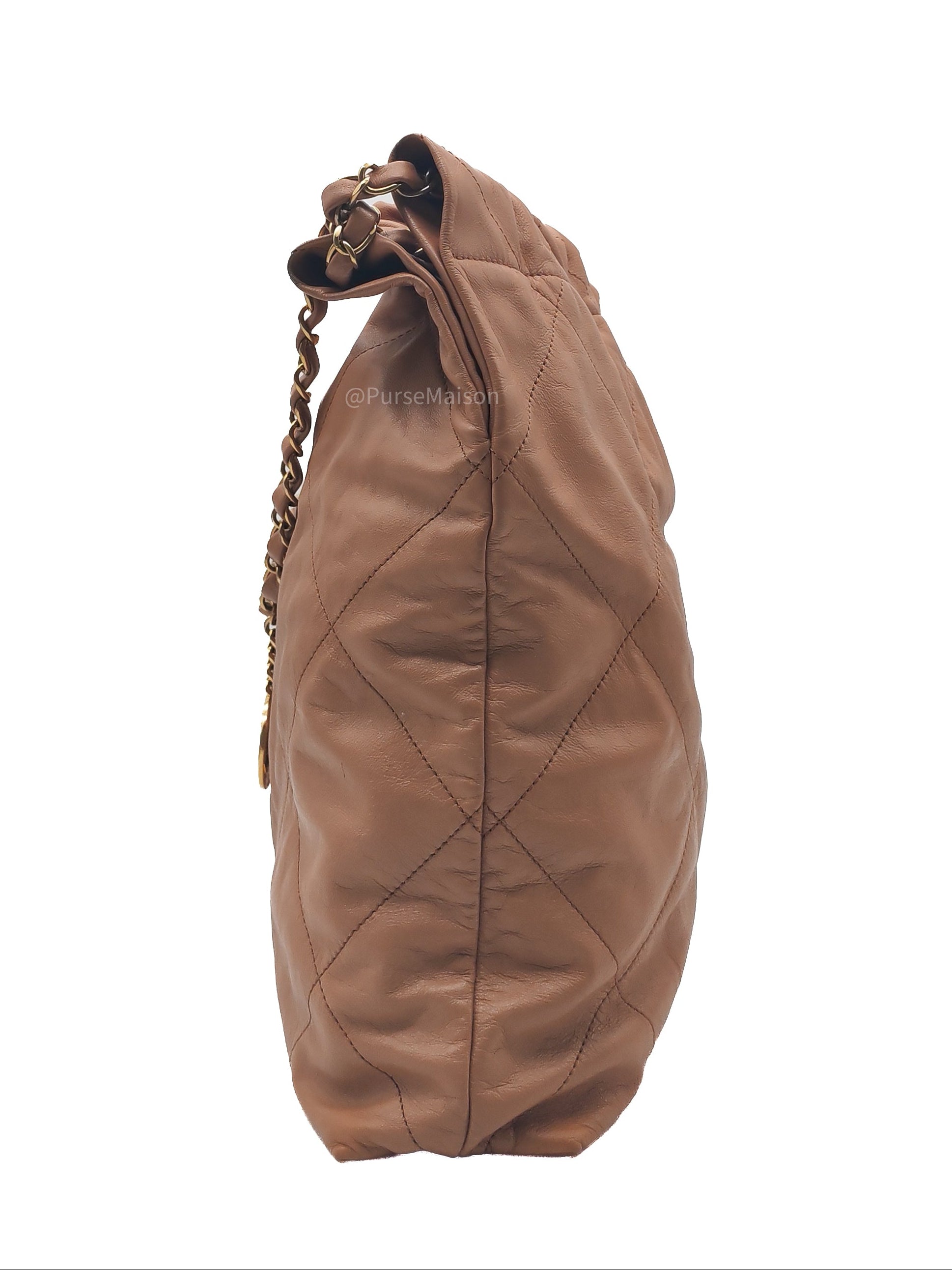 Chanel 22 Medium in Caramel Calfskin Leather Aged Gold Hardware (Microchip)