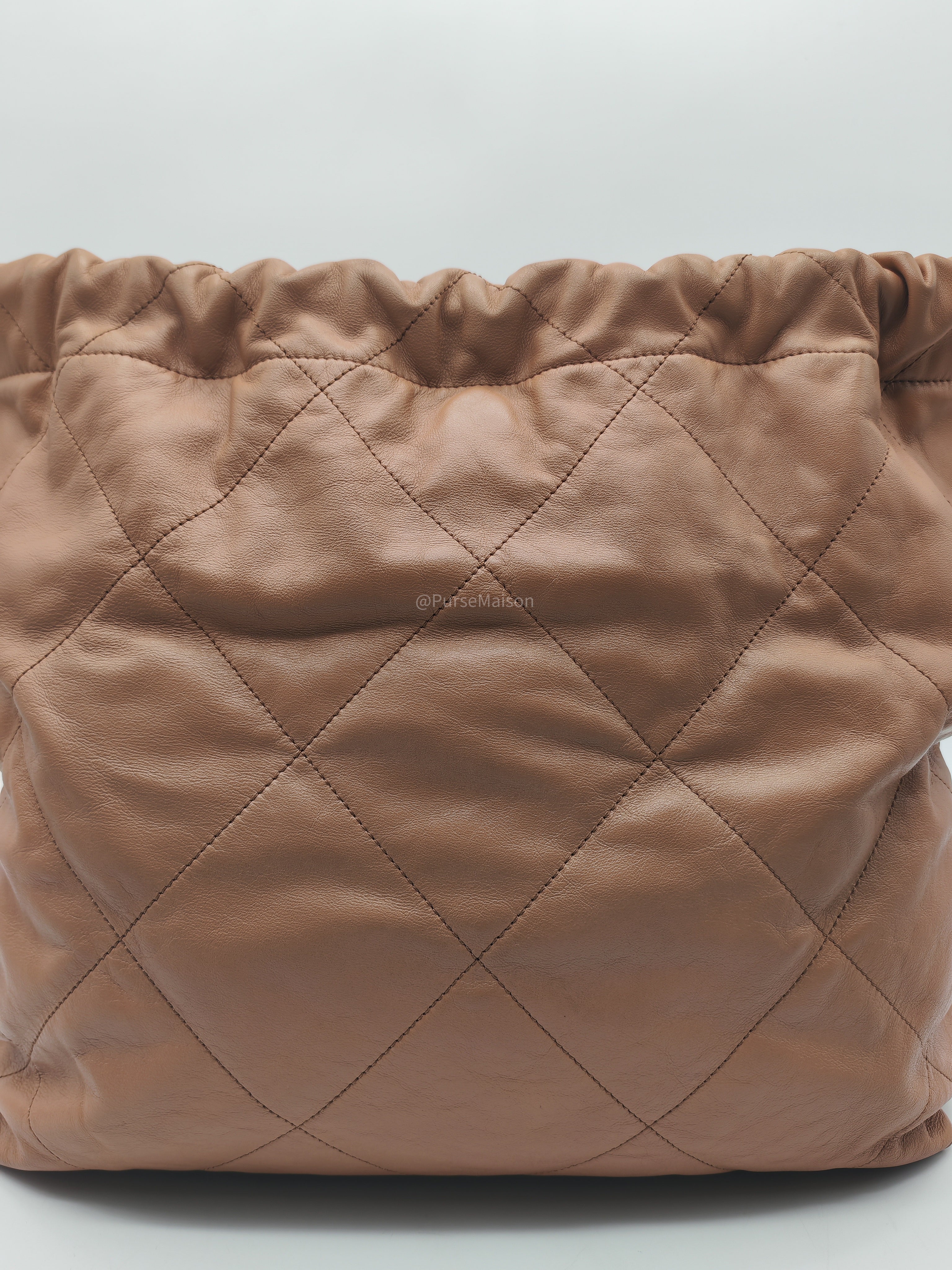 Chanel 22 Medium in Caramel Calfskin Leather Aged Gold Hardware (Microchip)