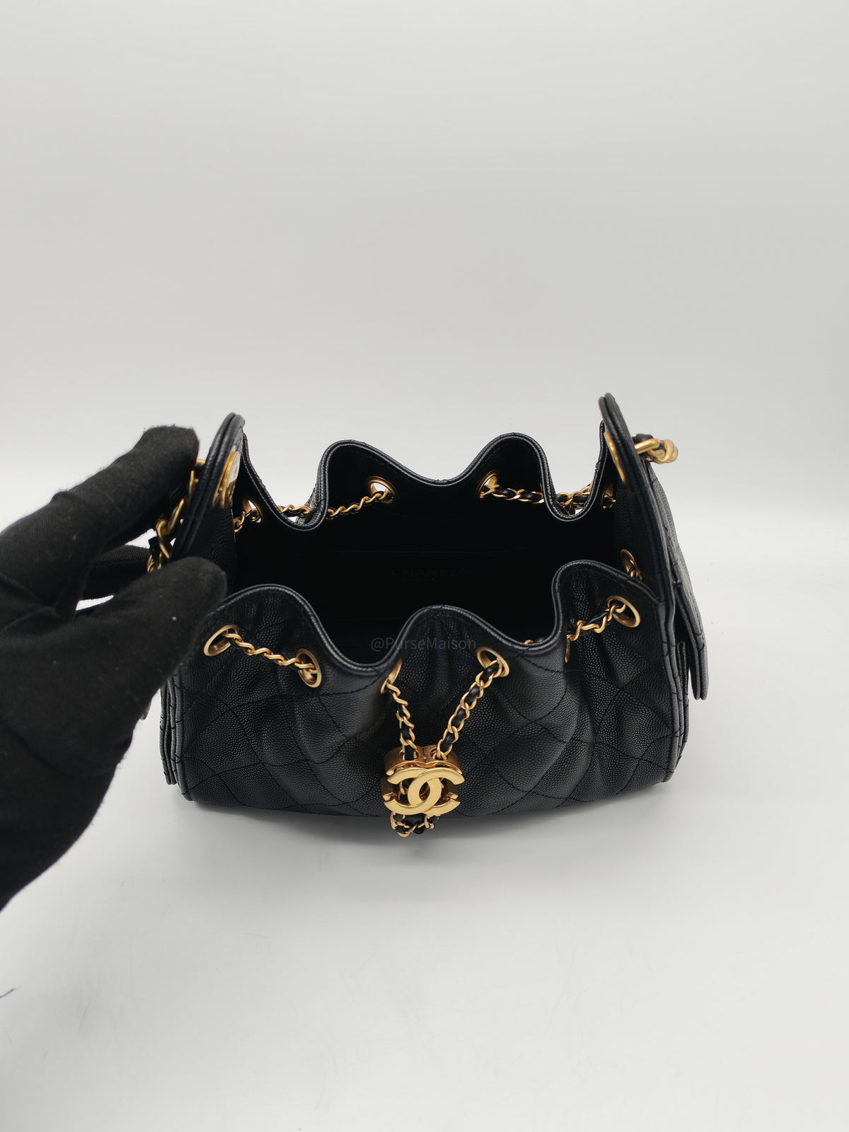 Chanel 25 Hobo Bag Mini in Black Caviar Leather and Aged Gold Hardware Microchip (A2****70)