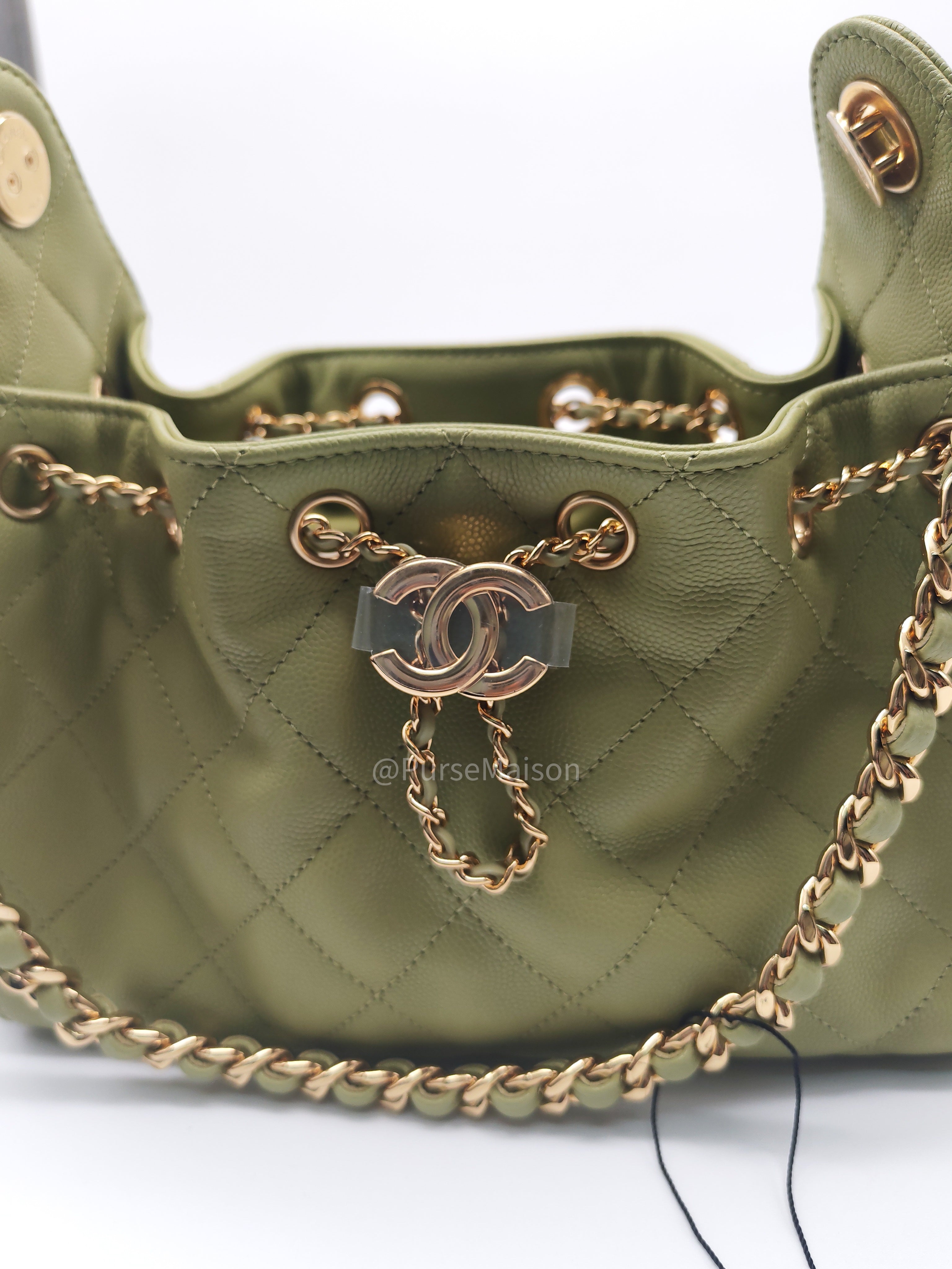 Chanel 25 Hobo Bag Mini in Light Green Caviar Leather Shiny Gold Hardware (Microchip)