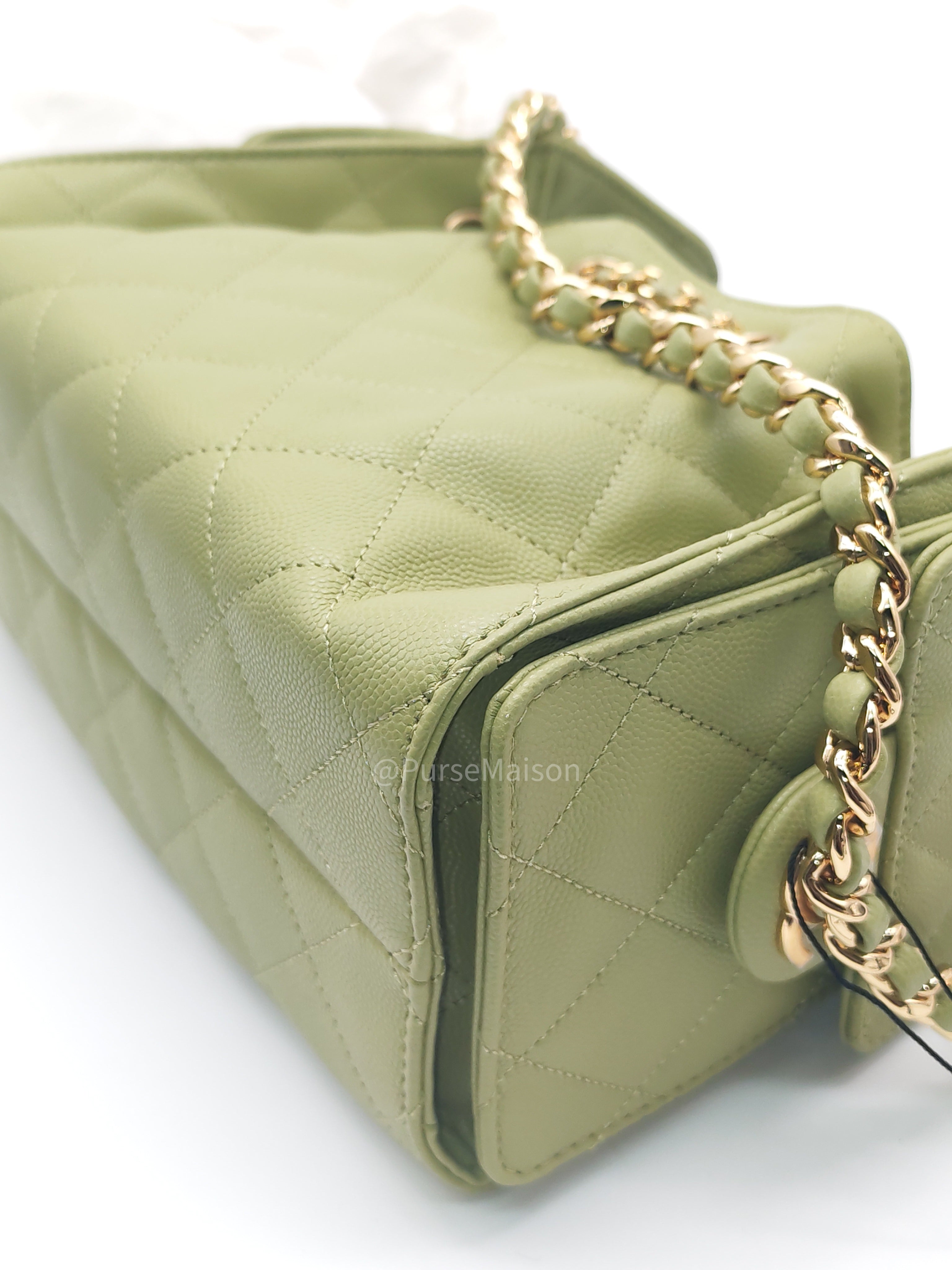 Chanel 25 Hobo Bag Mini in Light Green Caviar Leather Shiny Gold Hardware (Microchip)