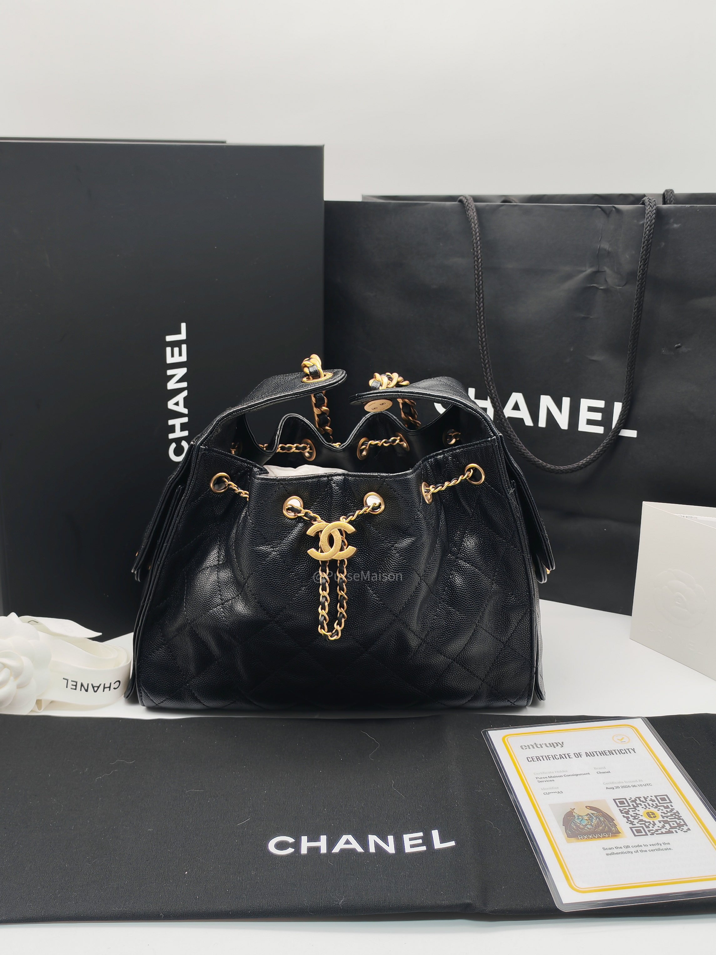 Chanel 25 Hobo Bag Small in Black Caviar Leather Aged Gold Hardware (Microchip)