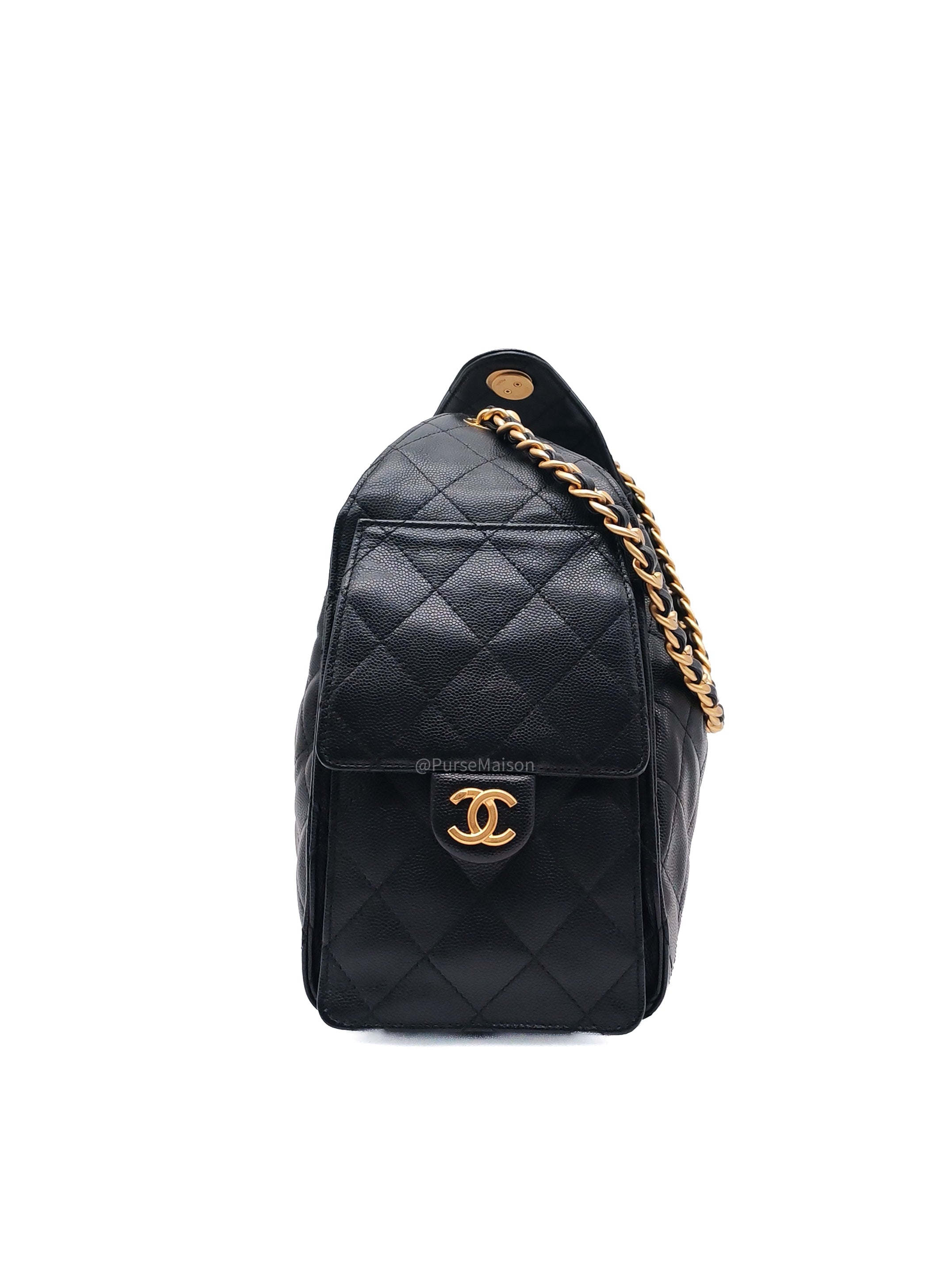 Chanel 25 Hobo Bag Small in Black Caviar Leather Aged Gold Hardware (Microchip)