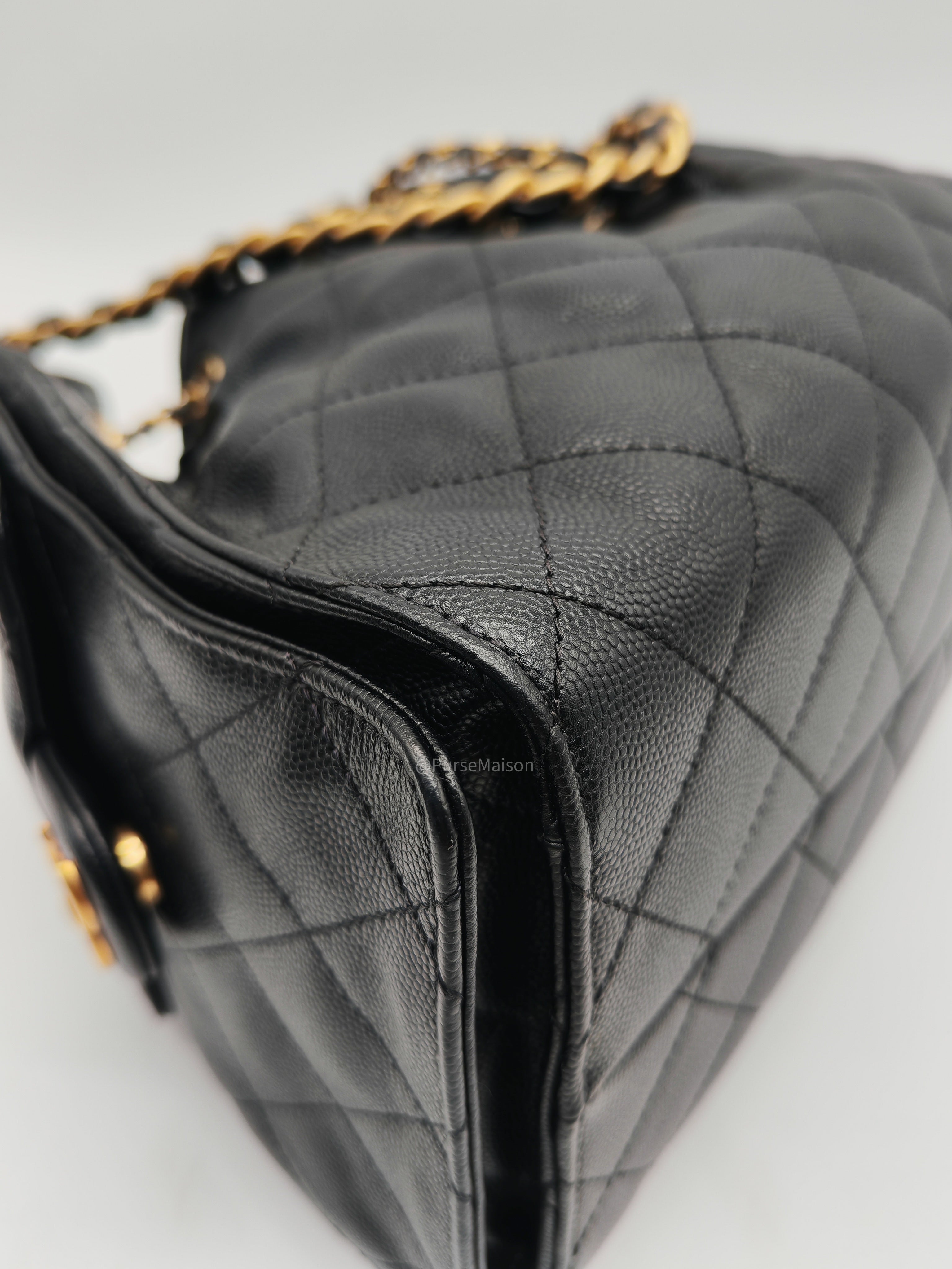 Chanel 25 Hobo Bag Small in Black Caviar Leather Aged Gold Hardware (Microchip)