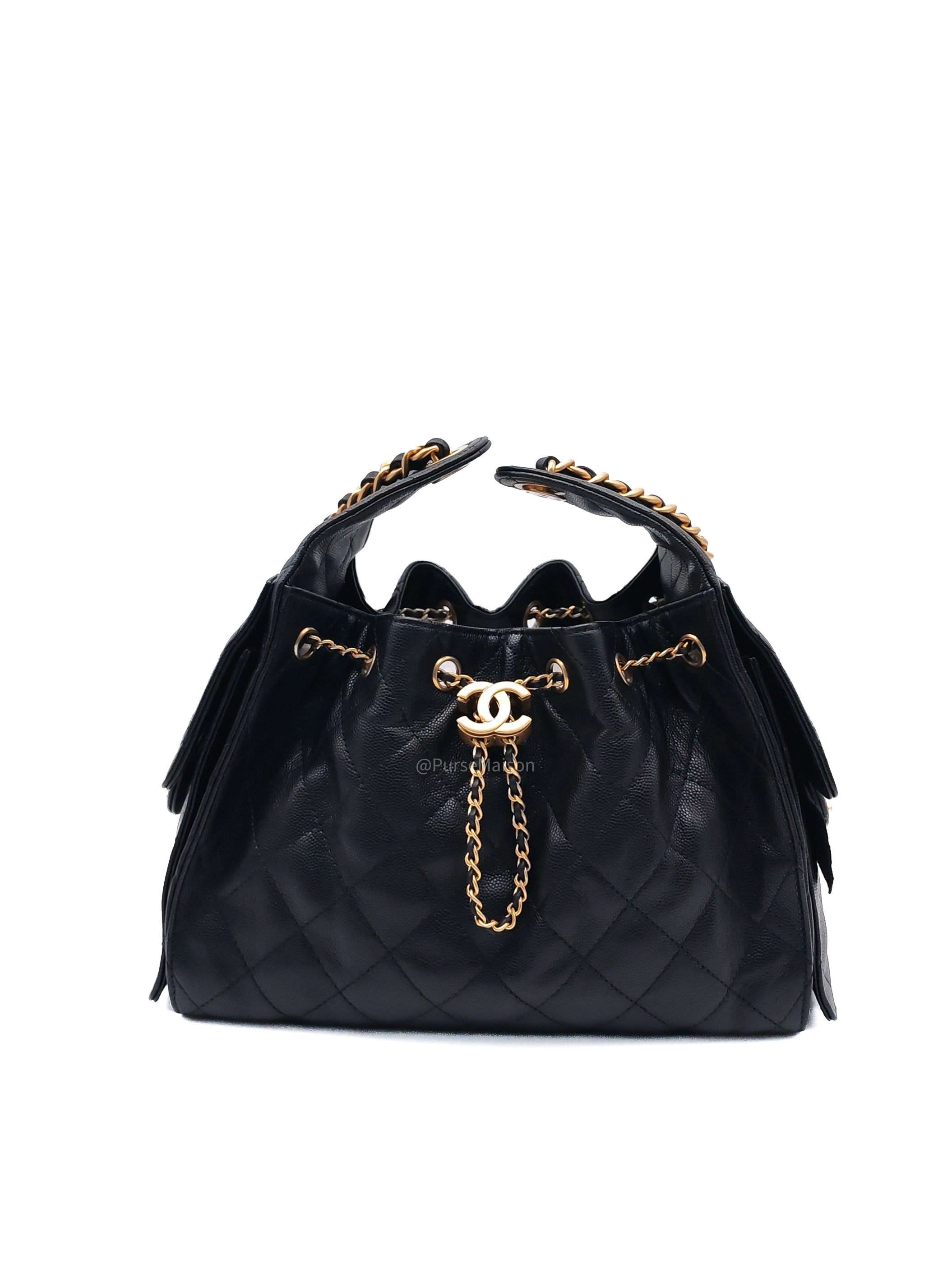 Chanel 25 Hobo Bag Small in Black Caviar Leather Aged Gold Hardware (Microchip)
