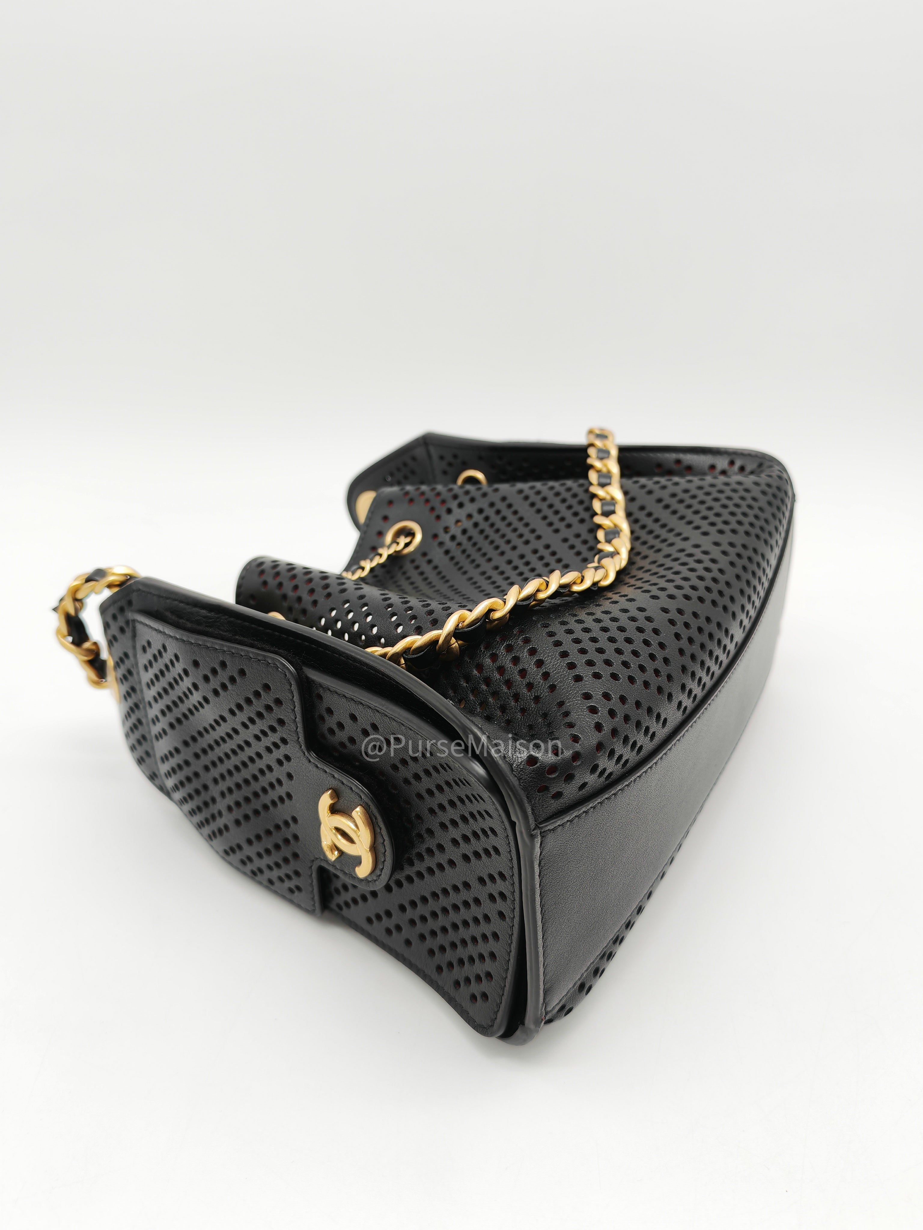 Chanel 25 Hobo Bag Mini in Black Perforated Calfskin Leather Aged Gold Hardware (Microchip)