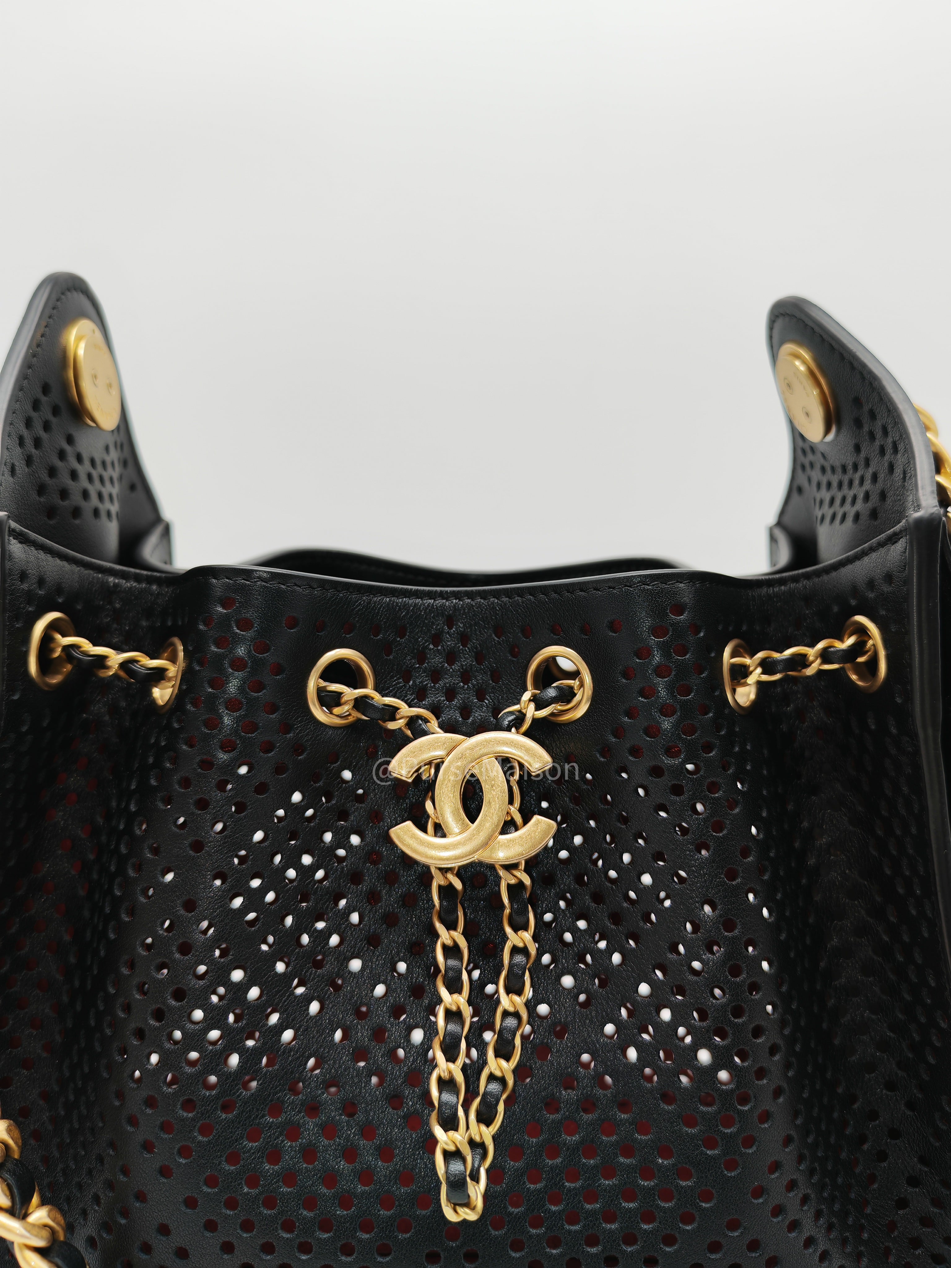Chanel 25 Hobo Bag Mini in Black Perforated Calfskin Leather Aged Gold Hardware (Microchip)