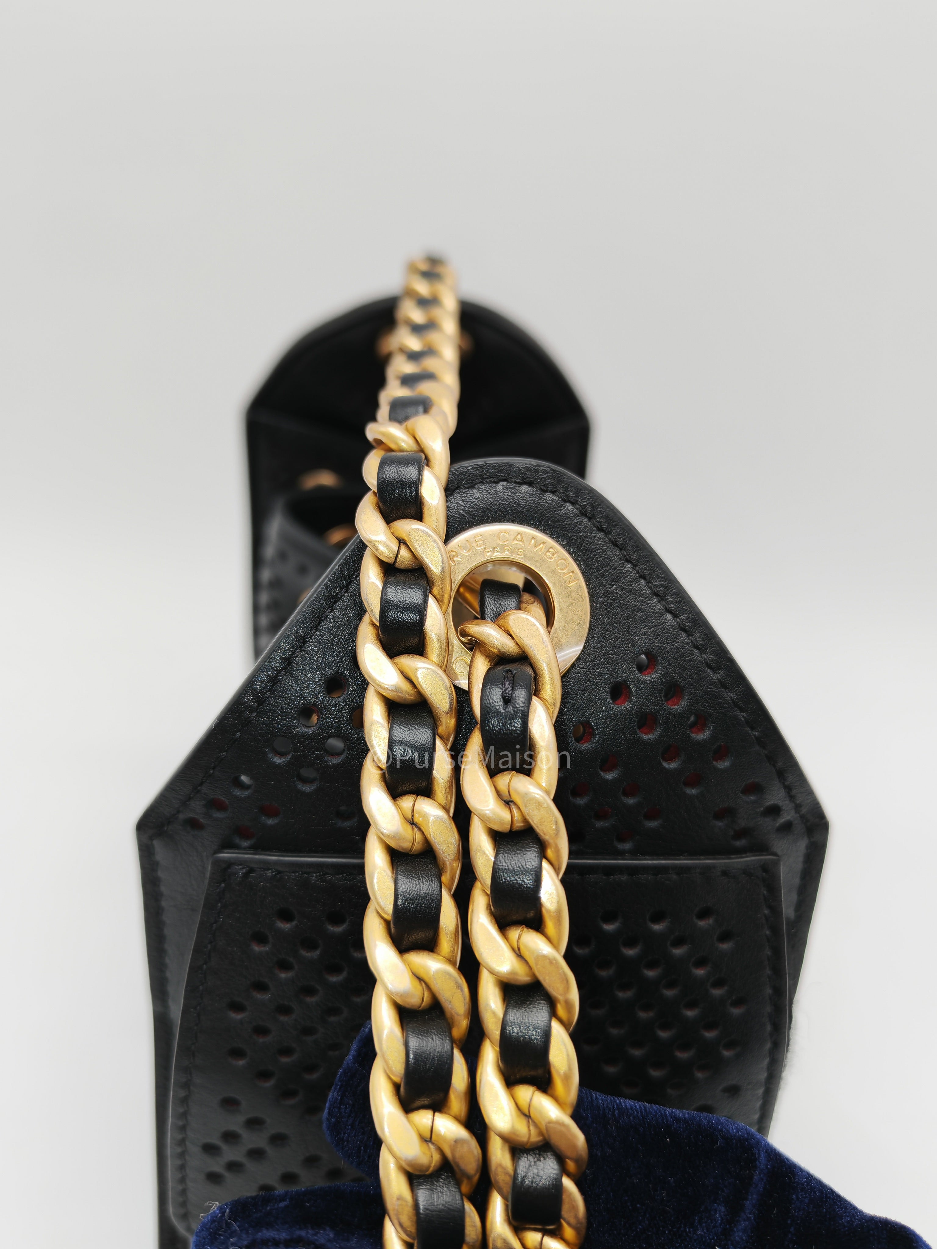 Chanel 25 Hobo Bag Mini in Black Perforated Calfskin Leather Aged Gold Hardware (Microchip)