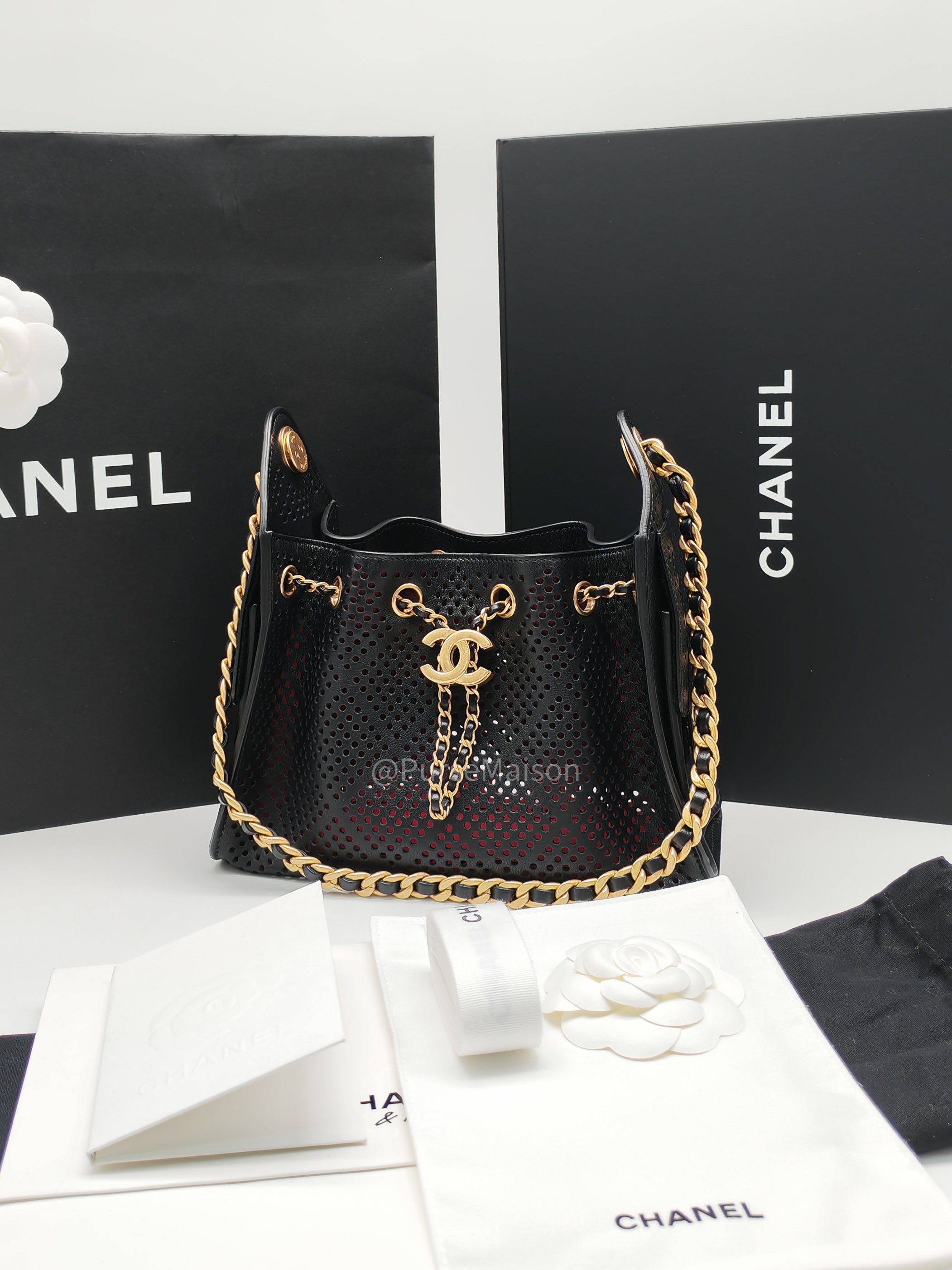 Chanel 25 Hobo Bag Mini in Black Perforated Calfskin Leather Aged Gold Hardware (Microchip)