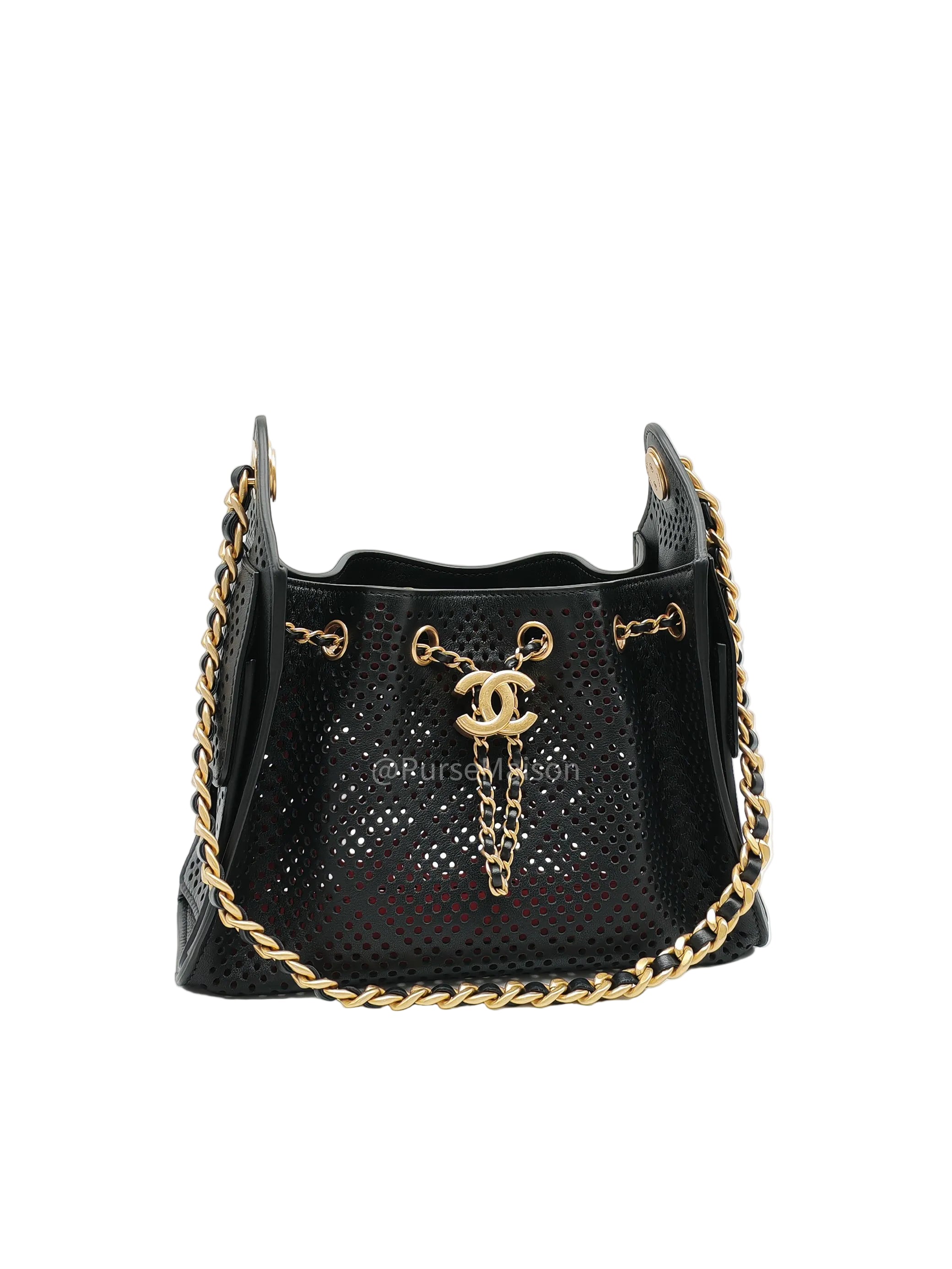 Chanel 25 Hobo Bag Mini in Black Perforated Calfskin Leather Aged Gold Hardware (Microchip)