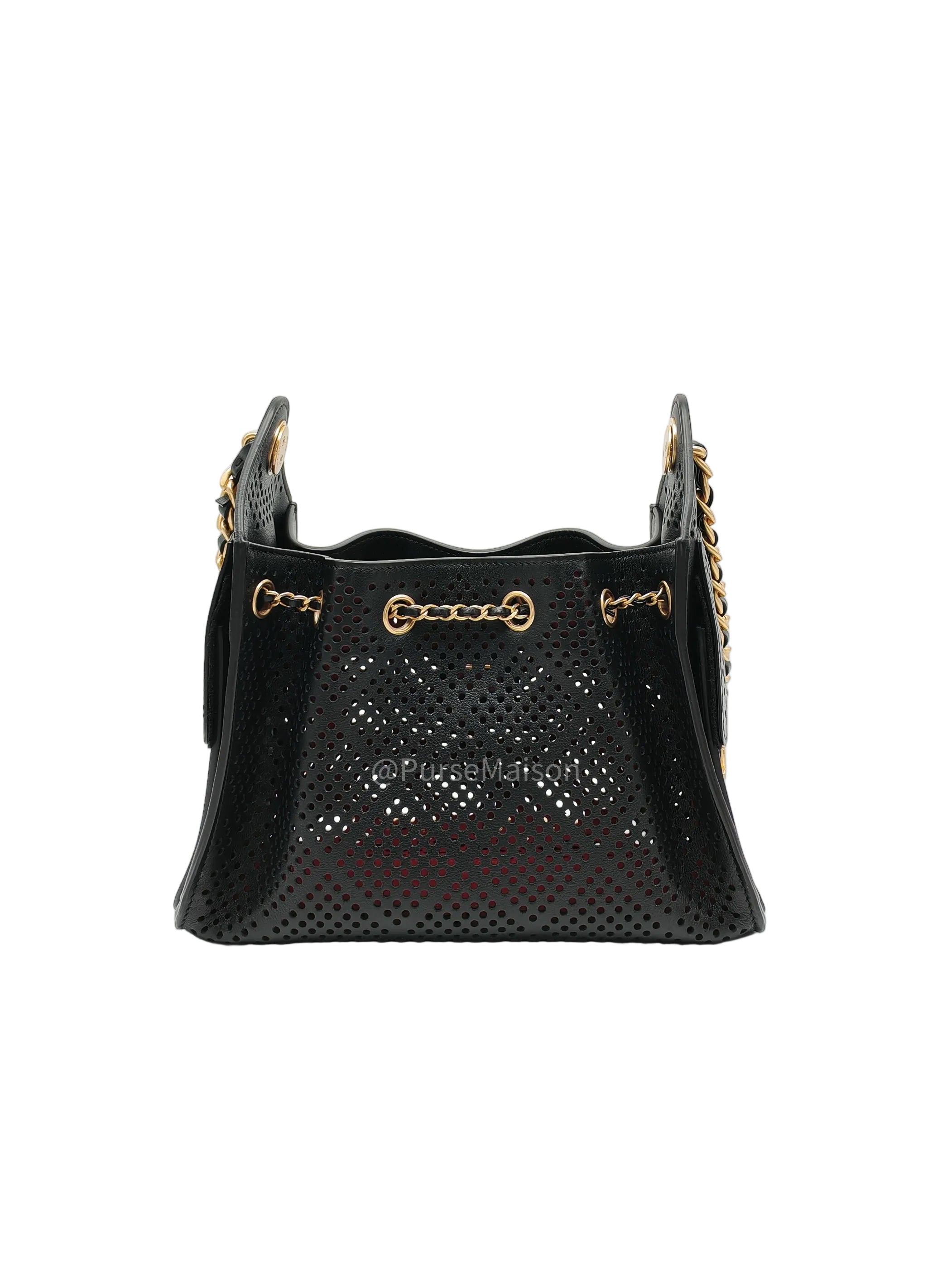 Chanel 25 Hobo Bag Mini in Black Perforated Calfskin Leather Aged Gold Hardware (Microchip)