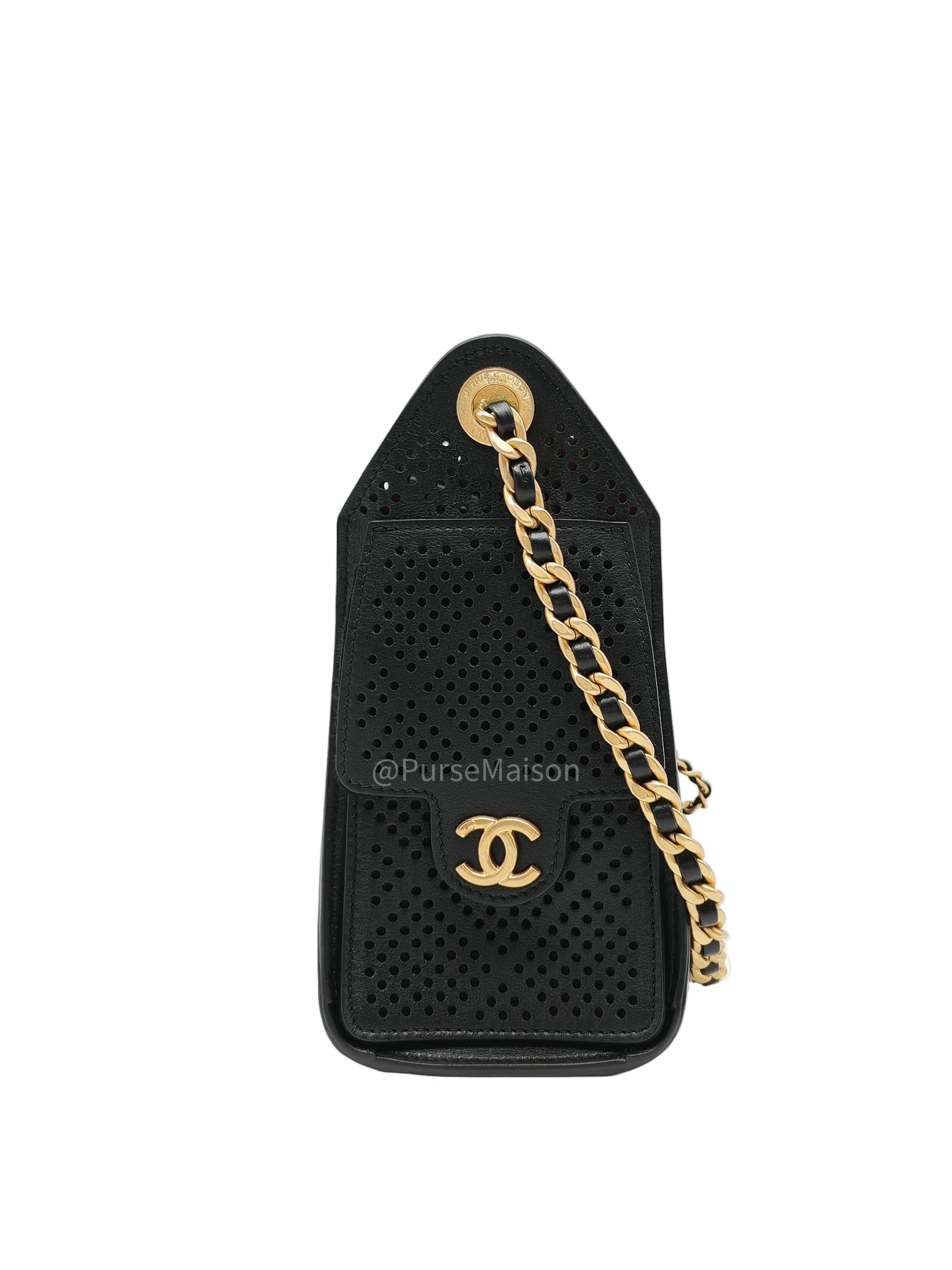 Chanel 25 Hobo Bag Mini in Black Perforated Calfskin Leather Aged Gold Hardware (Microchip)