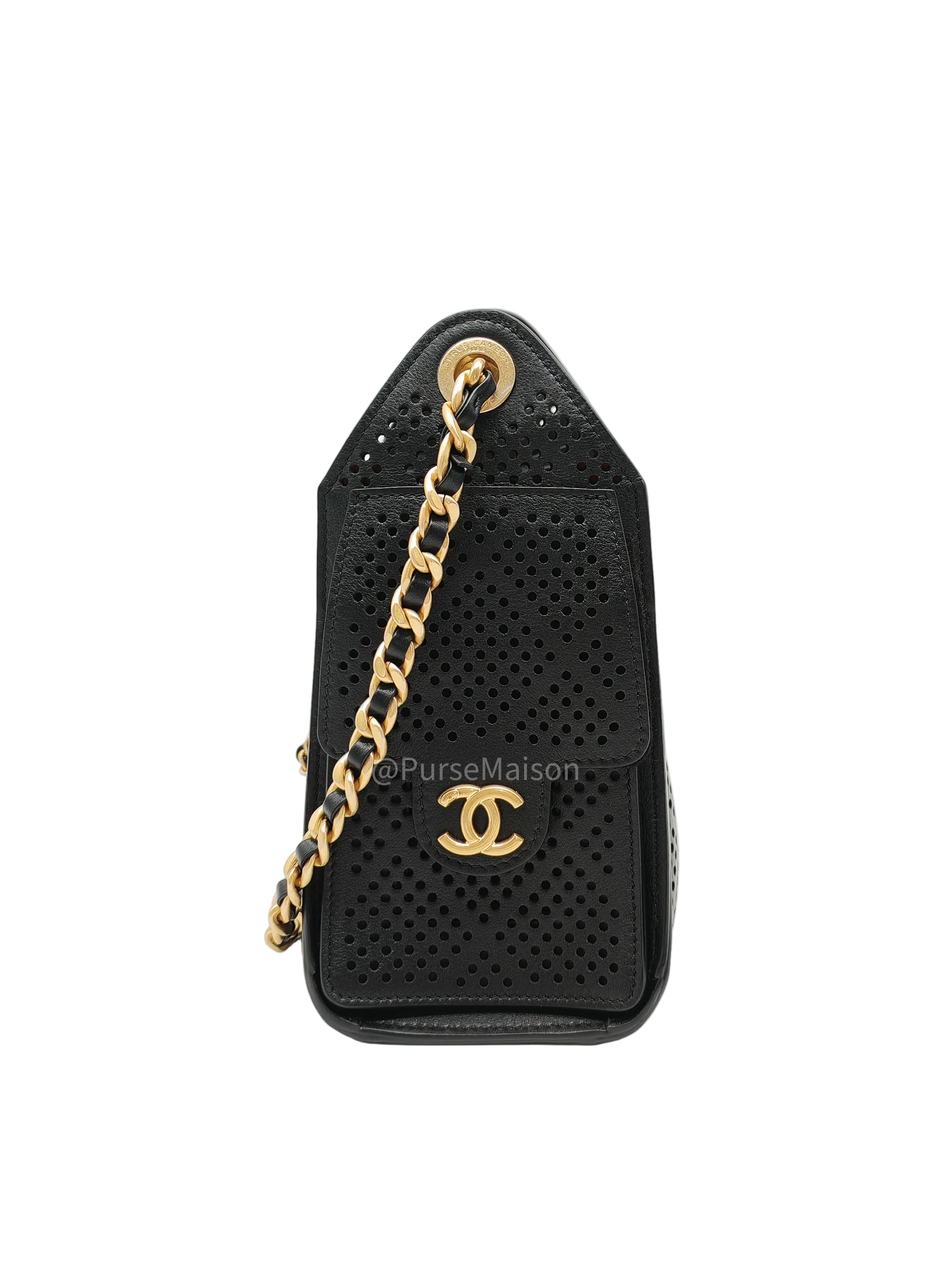 Chanel 25 Hobo Bag Mini in Black Perforated Calfskin Leather Aged Gold Hardware (Microchip)