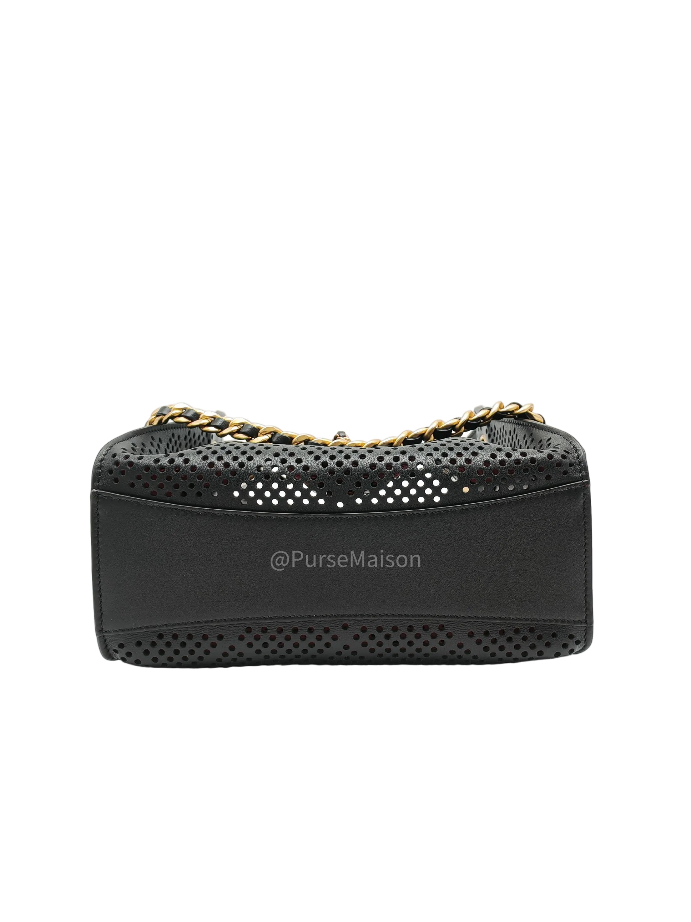 Chanel 25 Hobo Bag Mini in Black Perforated Calfskin Leather Aged Gold Hardware (Microchip)