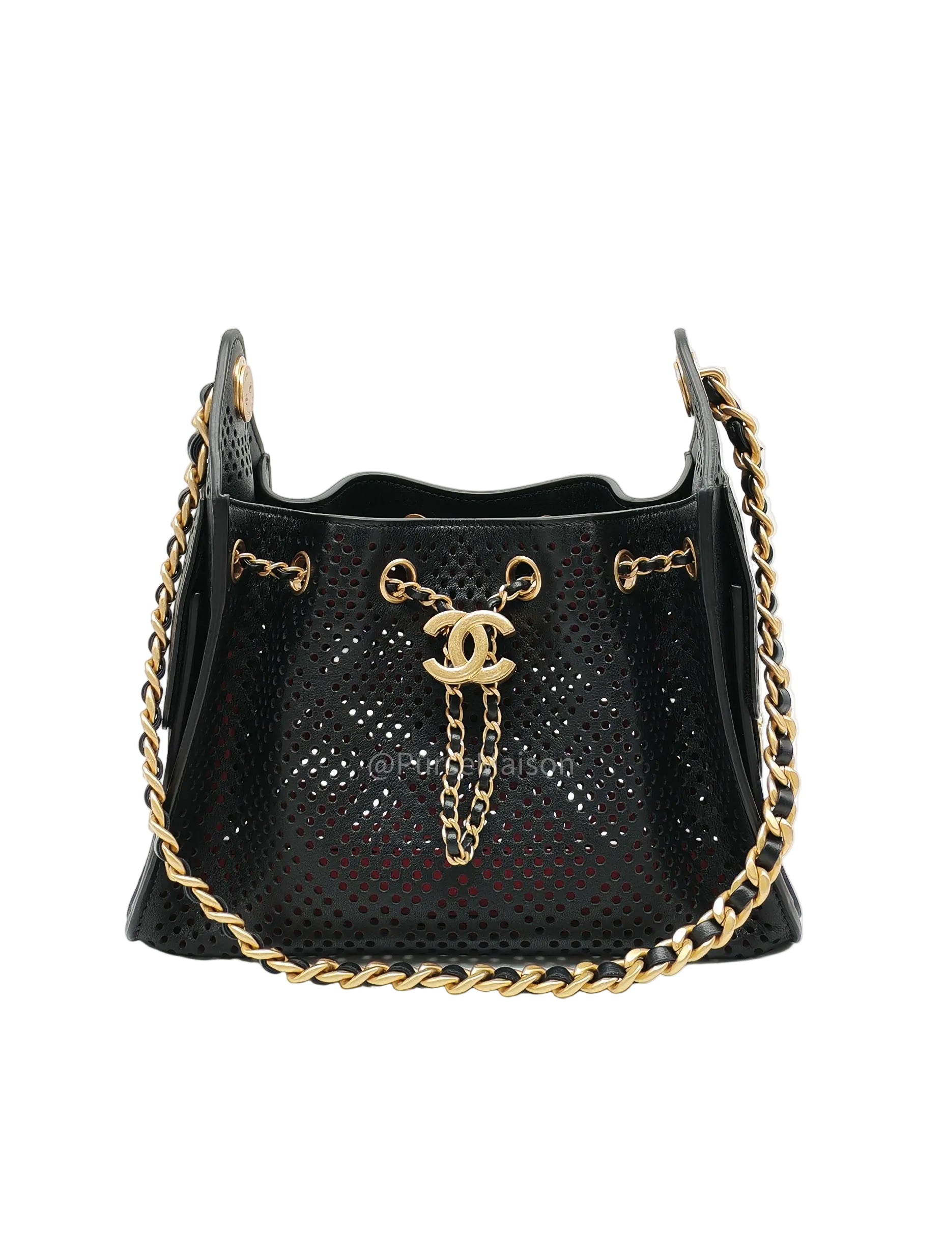 Chanel 25 Hobo Bag Mini in Black Perforated Calfskin Leather Aged Gold Hardware (Microchip)