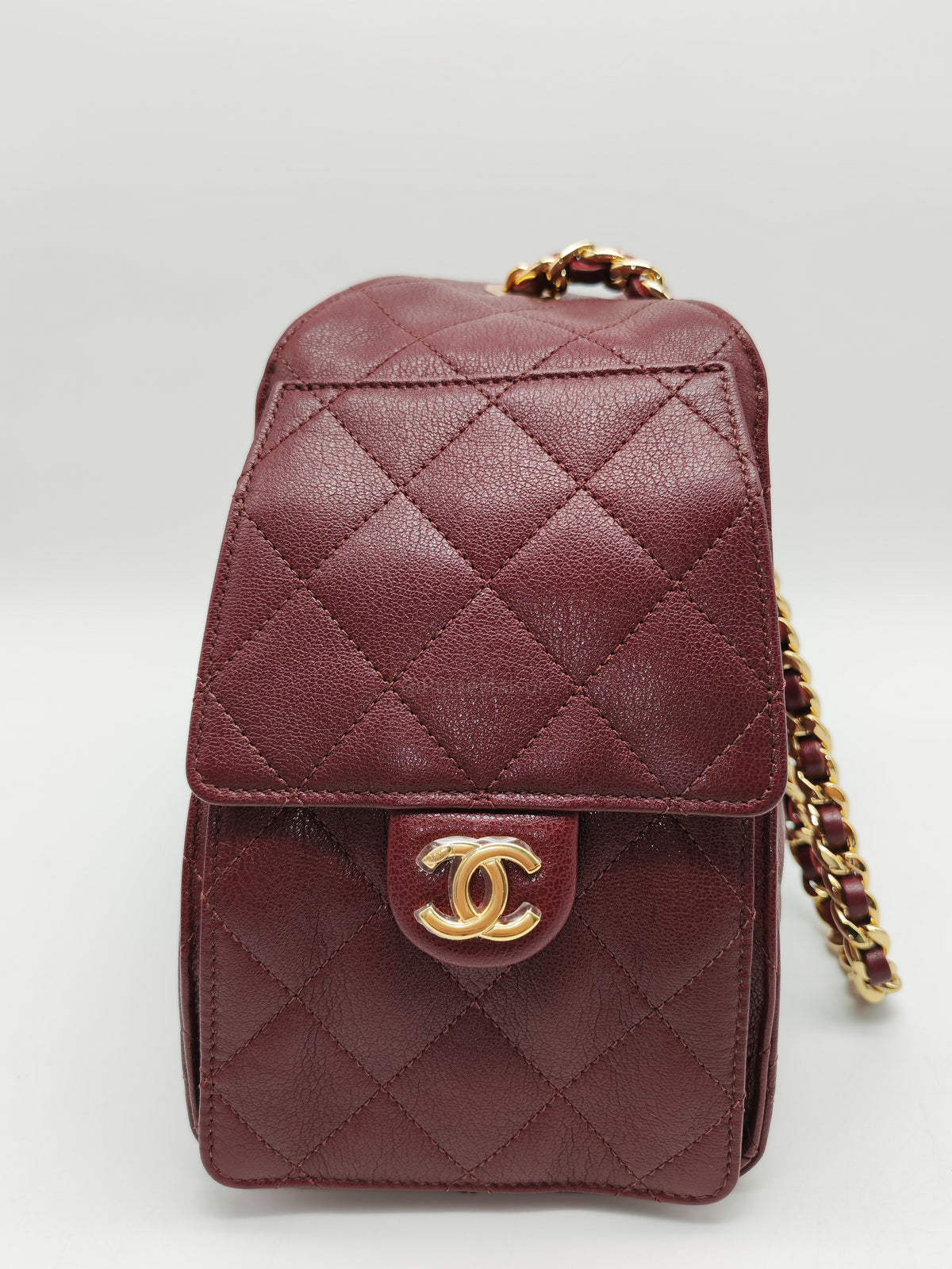 Chanel 25 Small in Burgundy Grained Calfskin Leather Shiny Gold Hardware (Microchip)