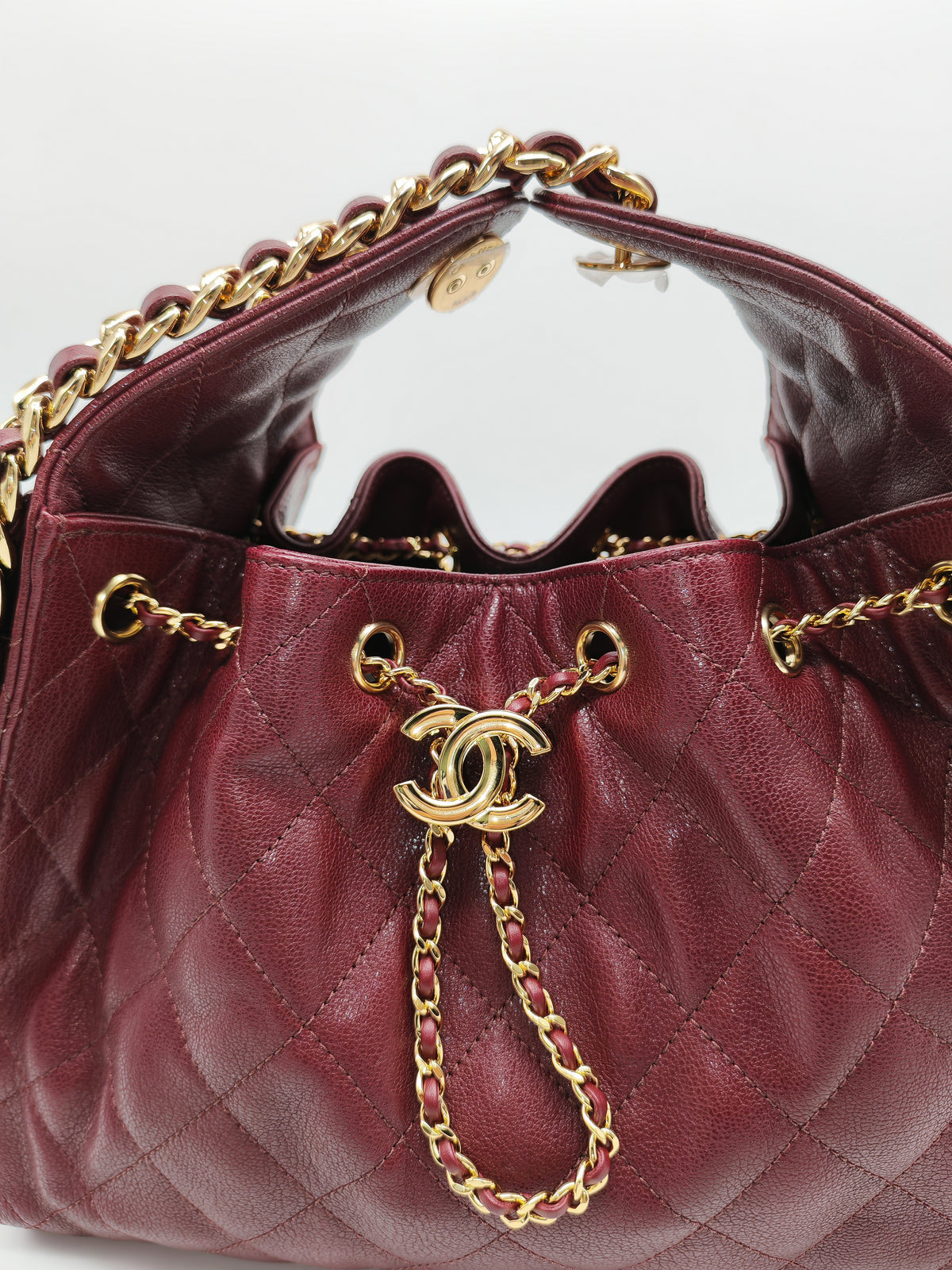 Chanel 25 Small in Burgundy Grained Calfskin Leather Shiny Gold Hardware (Microchip)