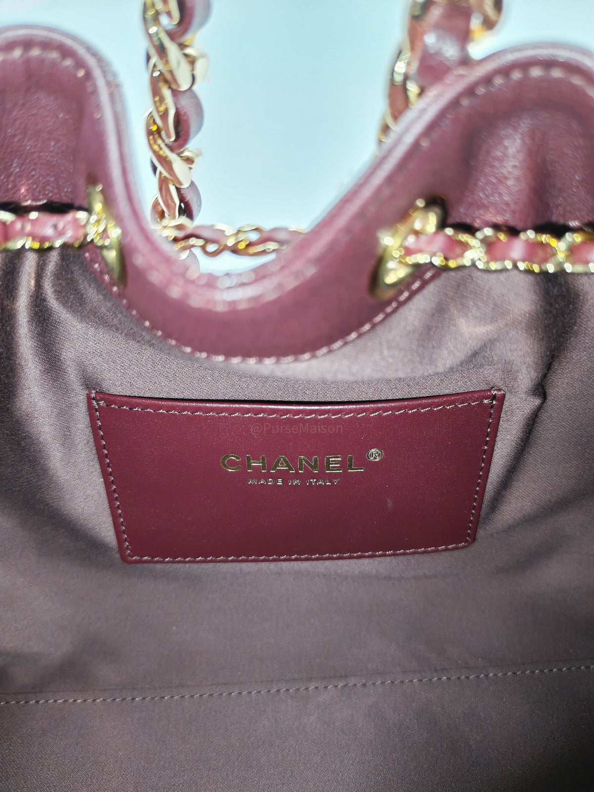 Chanel 25 Small in Burgundy Grained Calfskin Leather Shiny Gold Hardware (Microchip)