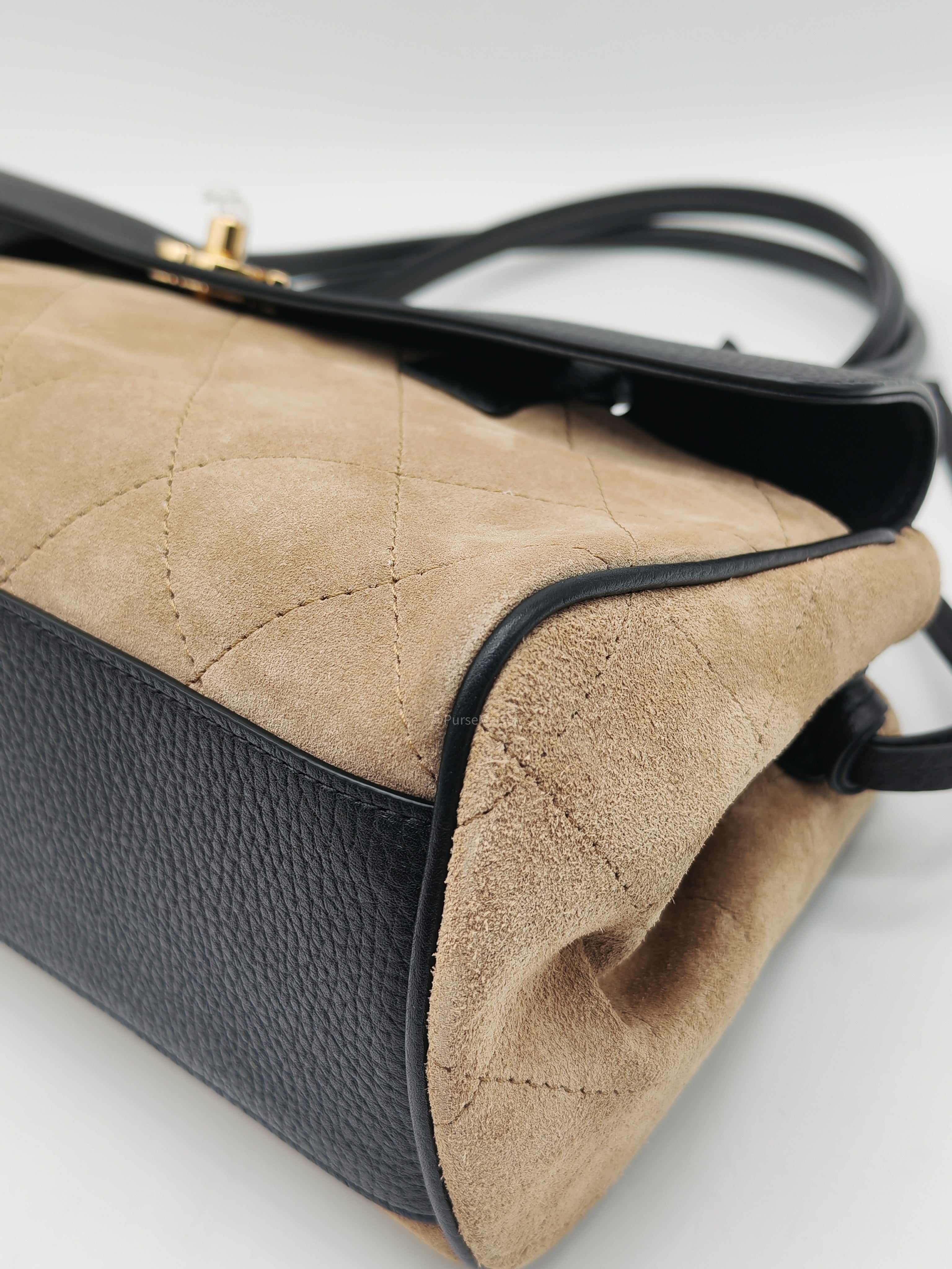 Chanel 26 Urban Essential Matthieu Blazy Small Tote Bag in Black Beige Suede Leather and Gold Hardware Microchip