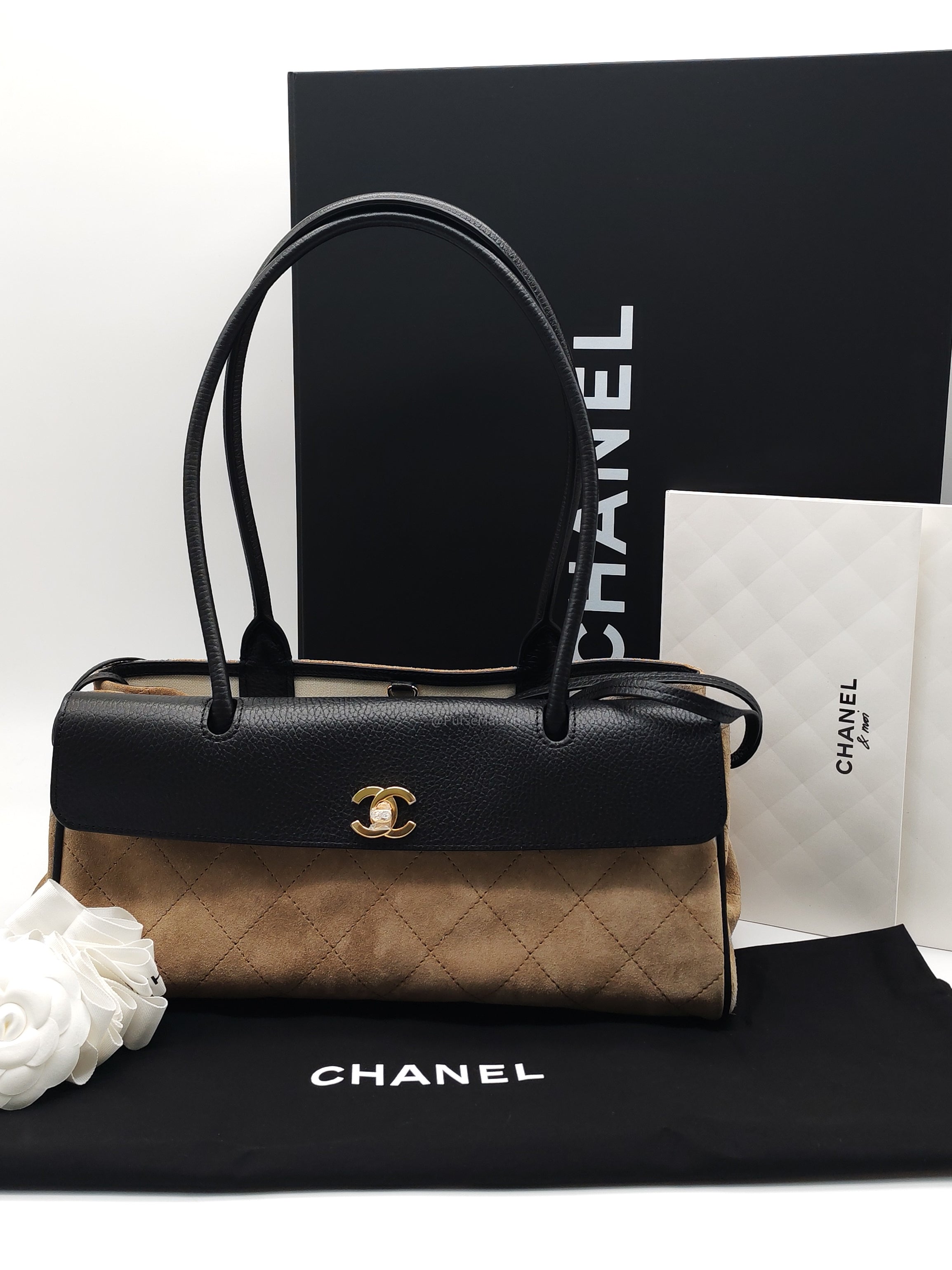 Chanel 26 Urban Essential Matthieu Blazy Small Tote Bag in Black Beige Suede Leather and Gold Hardware Microchip