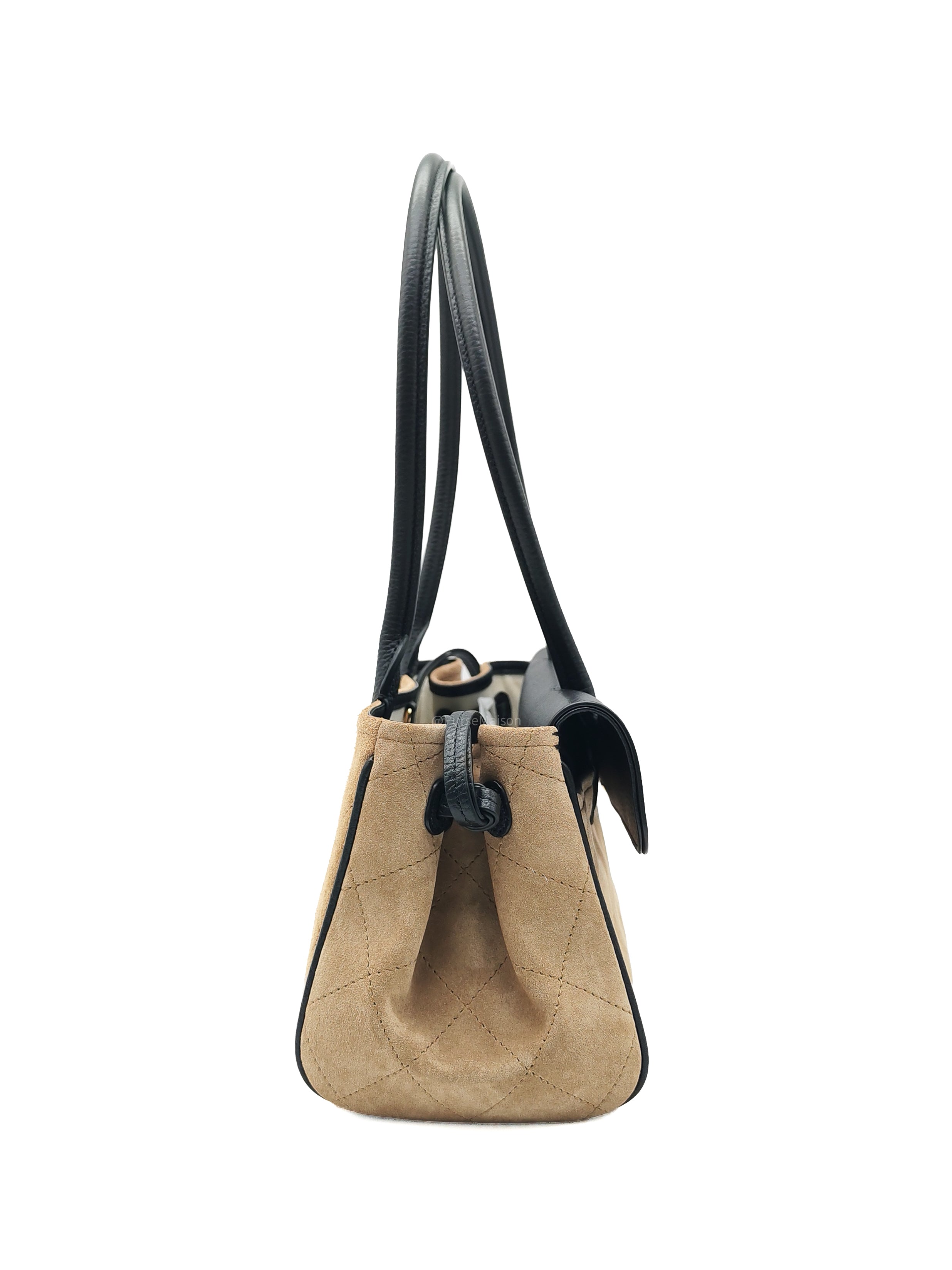 Chanel 26 Urban Essential Matthieu Blazy Small Tote Bag in Black Beige Suede Leather and Gold Hardware Microchip