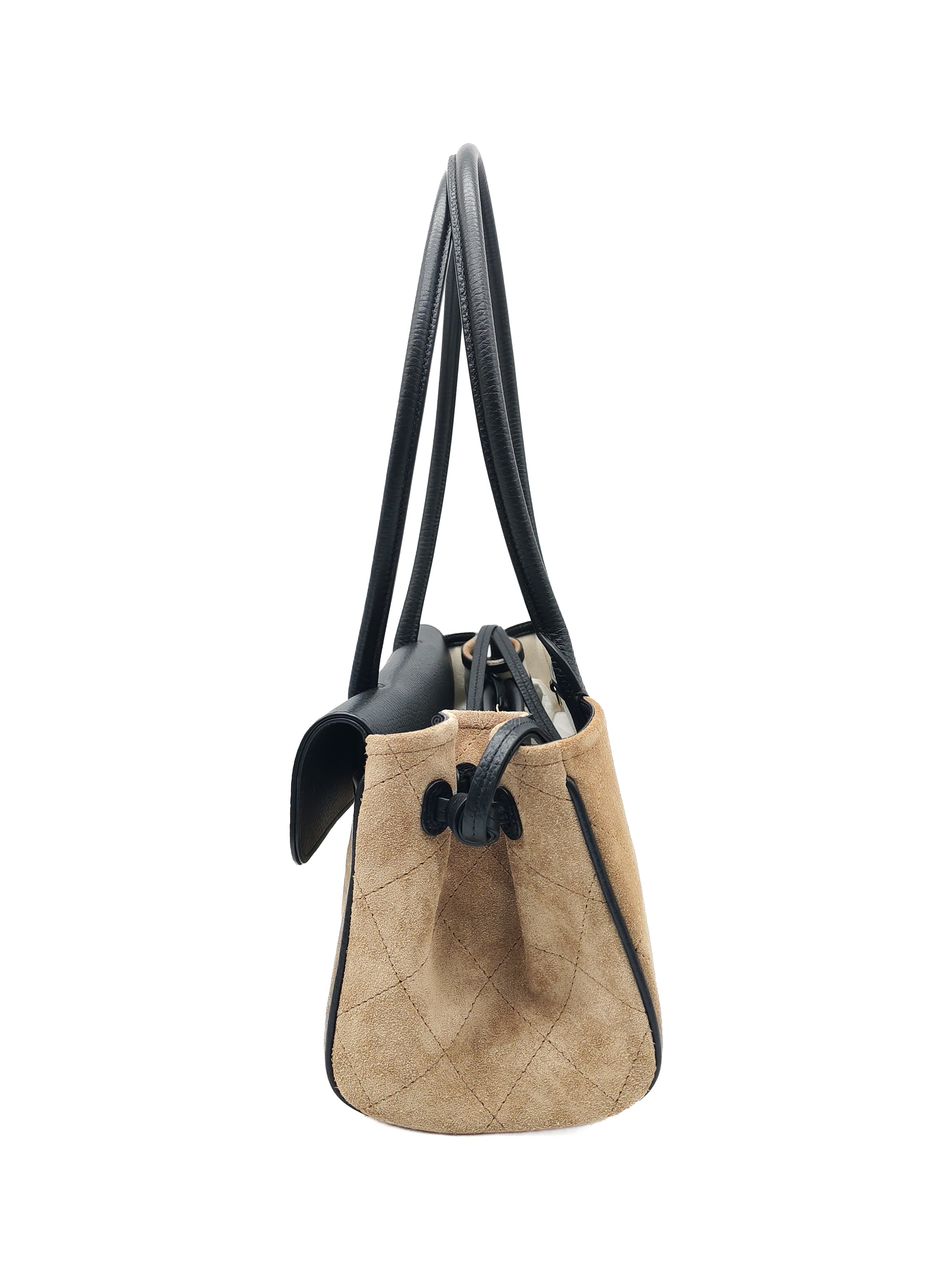 Chanel 26 Urban Essential Matthieu Blazy Small Tote Bag in Black Beige Suede Leather and Gold Hardware Microchip