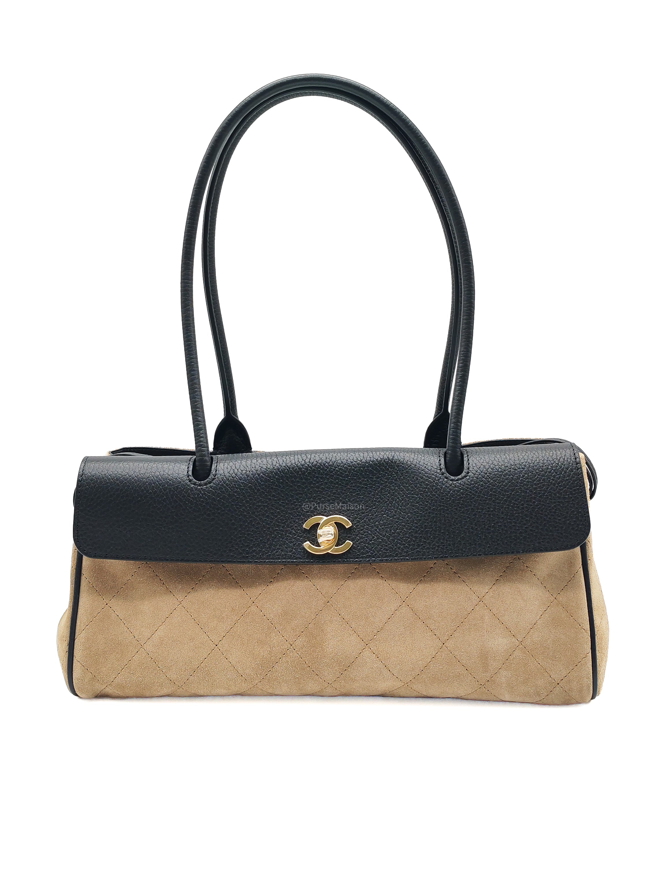 Chanel 26 Urban Essential Matthieu Blazy Small Tote Bag in Black Beige Suede Leather and Gold Hardware Microchip