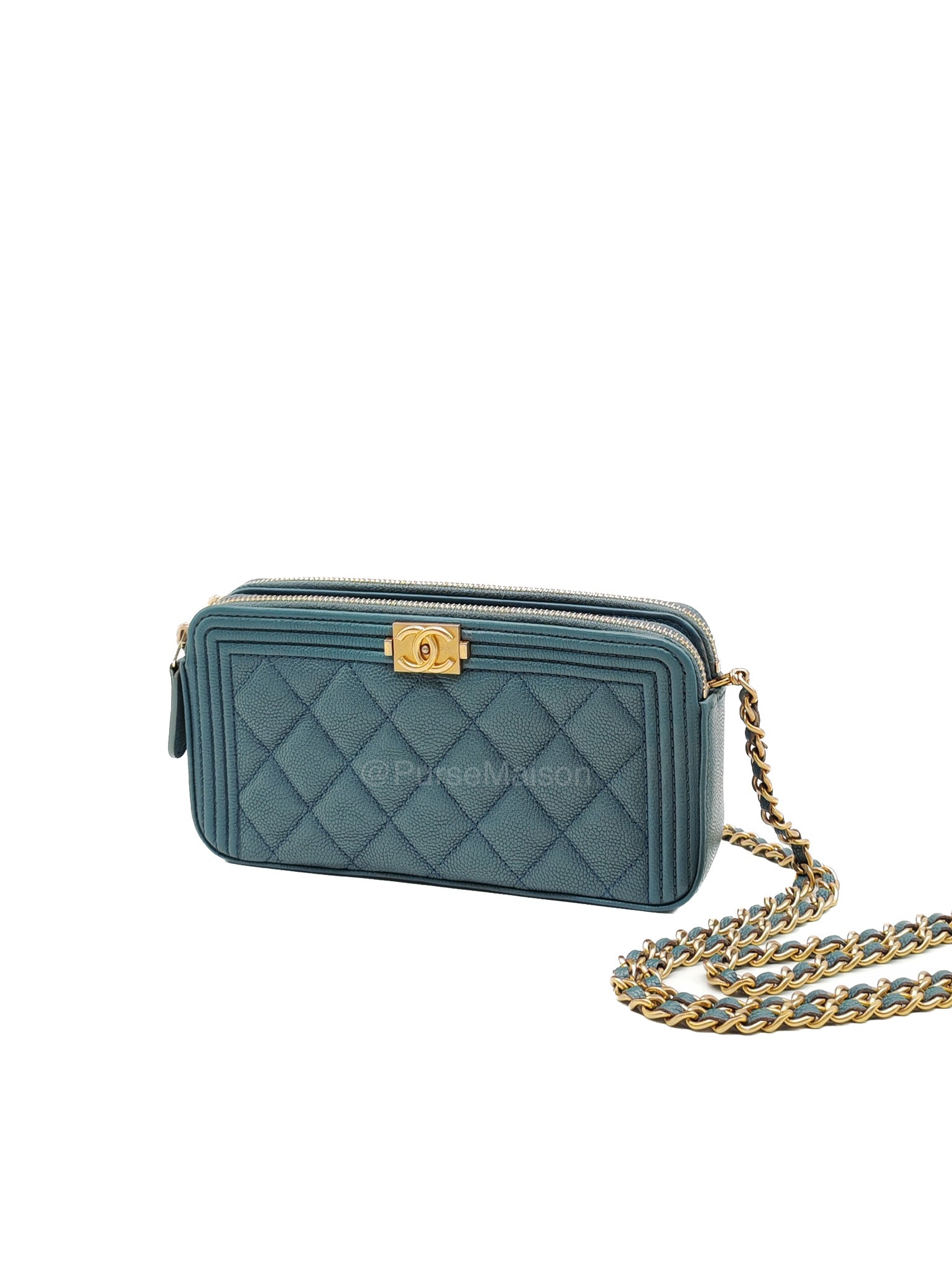 Chanel Boy Zipped Double Zip Around Wallet in Chain in Blue-gray Caviar Leather in Aged Gold Hardware (Series 25)