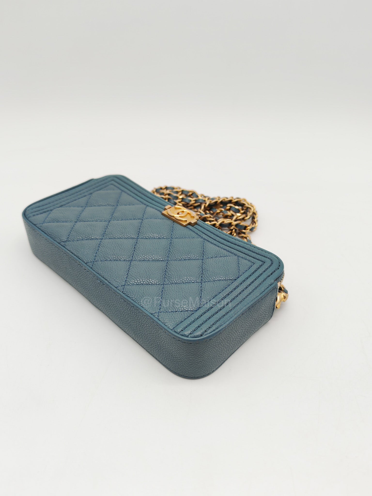 Chanel Boy Zipped Double Zip Around Wallet in Chain in Blue-gray Caviar Leather in Aged Gold Hardware (Series 25)