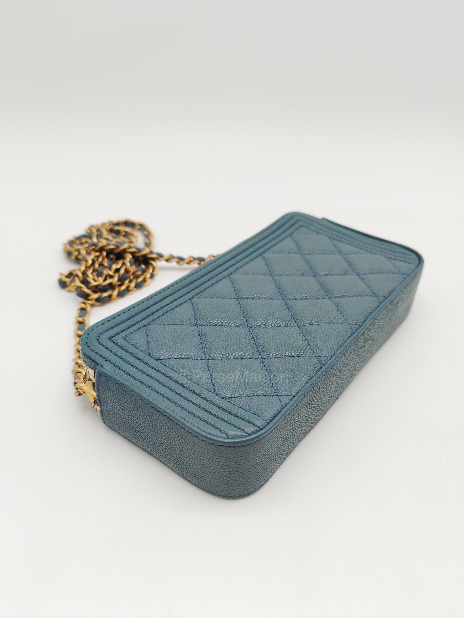 Chanel Boy Zipped Double Zip Around Wallet in Chain in Blue-gray Caviar Leather in Aged Gold Hardware (Series 25)