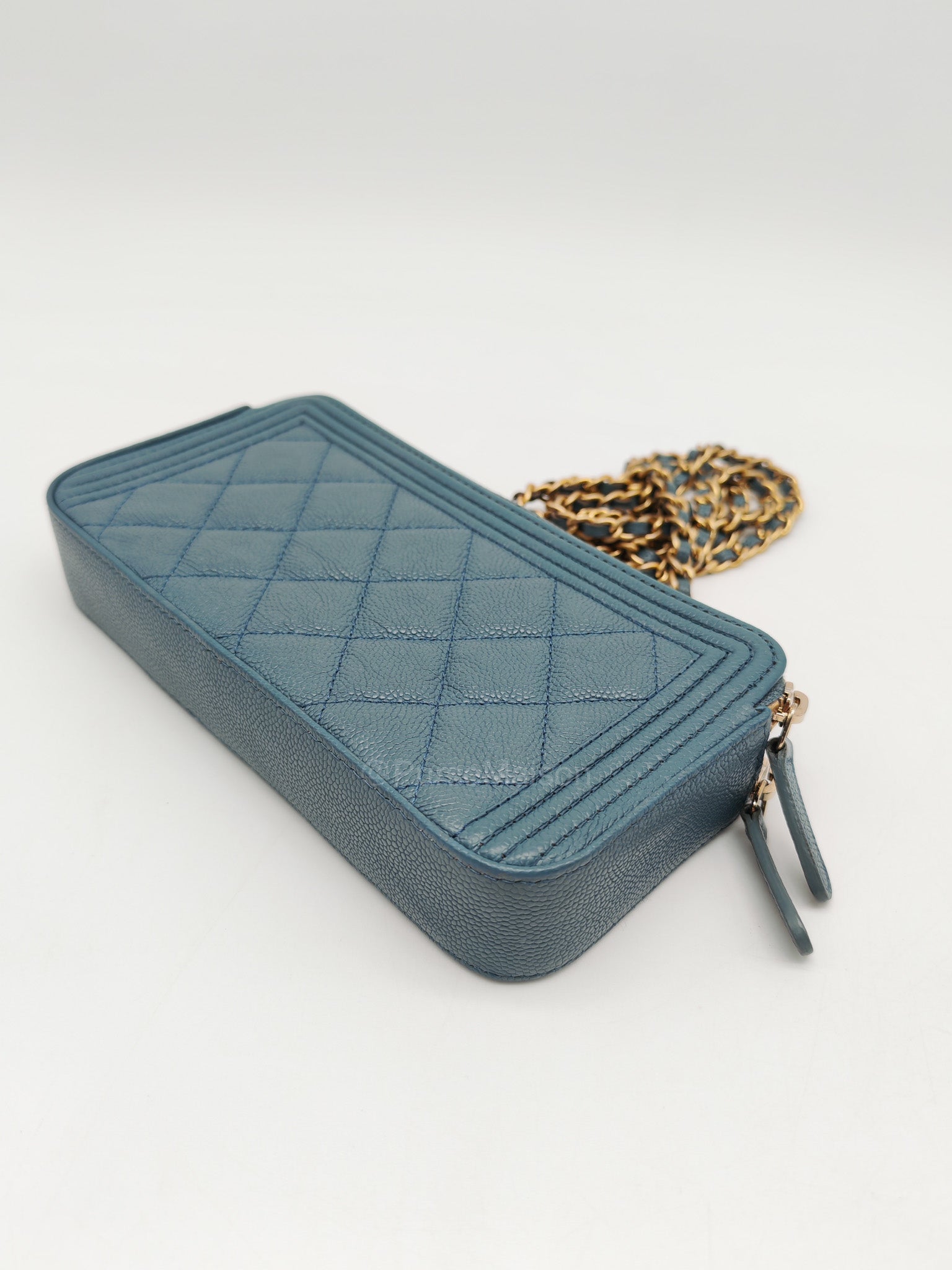 Chanel Boy Zipped Double Zip Around Wallet in Chain in Blue-gray Caviar Leather in Aged Gold Hardware (Series 25)