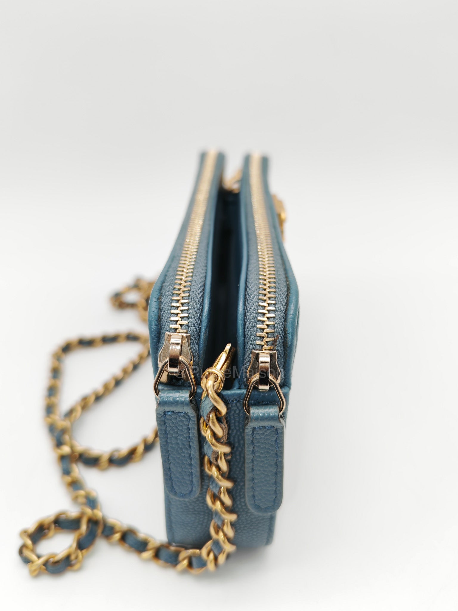 Chanel Boy Zipped Double Zip Around Wallet in Chain in Blue-gray Caviar Leather in Aged Gold Hardware (Series 25)
