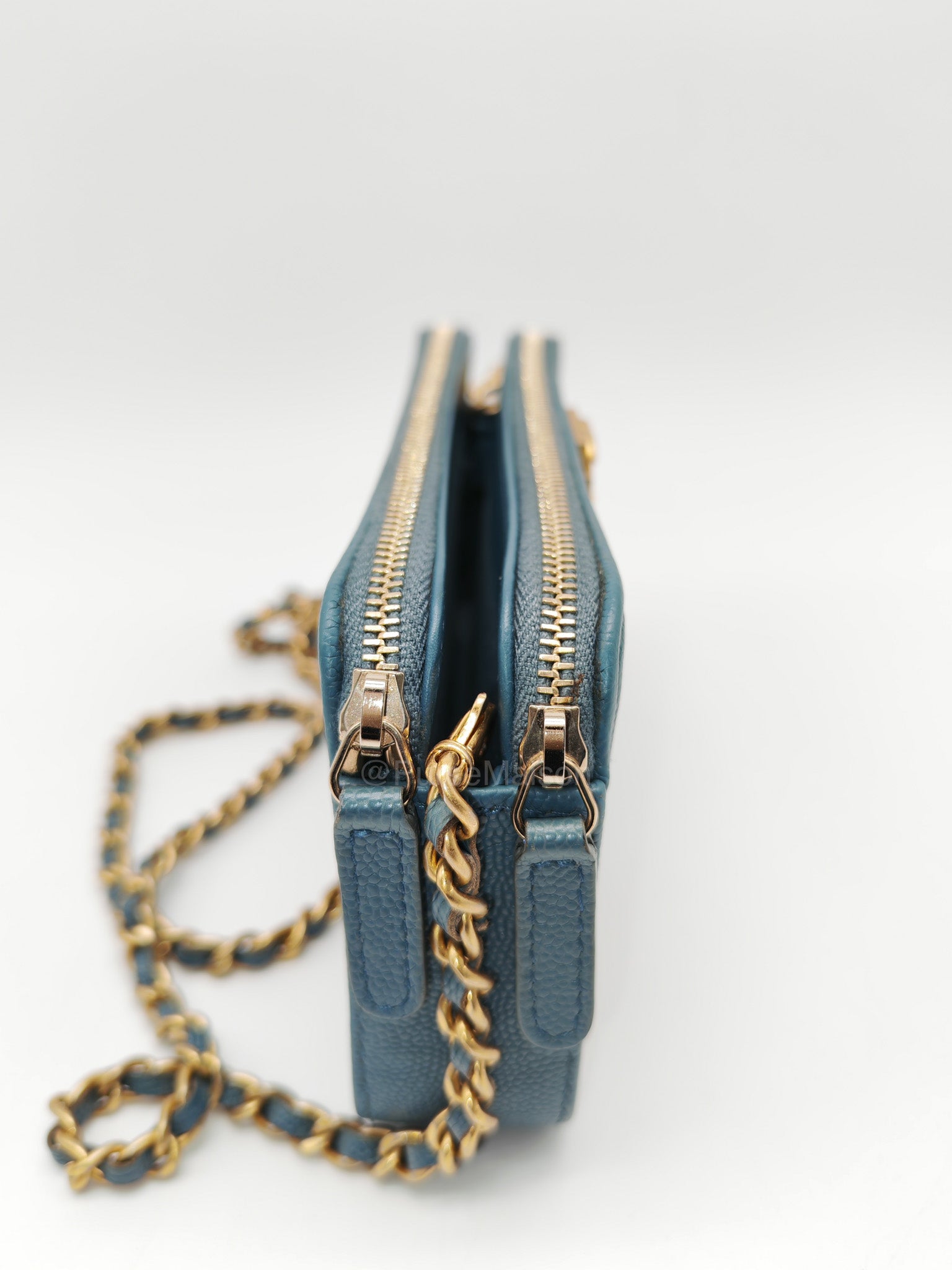 Chanel Boy Zipped Double Zip Around Wallet in Chain in Blue-gray Caviar Leather in Aged Gold Hardware (Series 25)