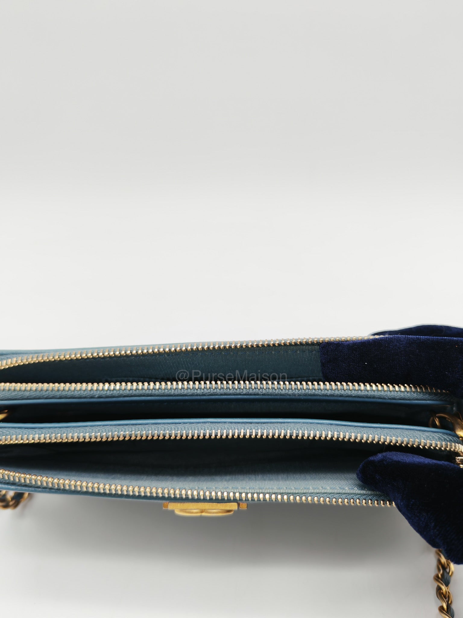 Chanel Boy Zipped Double Zip Around Wallet in Chain in Blue-gray Caviar Leather in Aged Gold Hardware (Series 25)