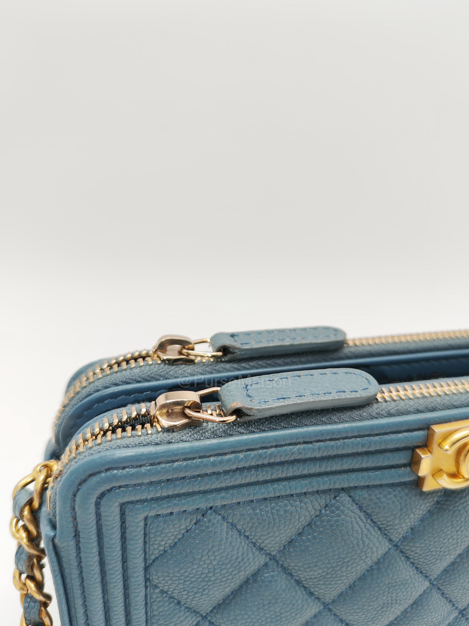 Chanel Boy Zipped Double Zip Around Wallet in Chain in Blue-gray Caviar Leather in Aged Gold Hardware (Series 25)