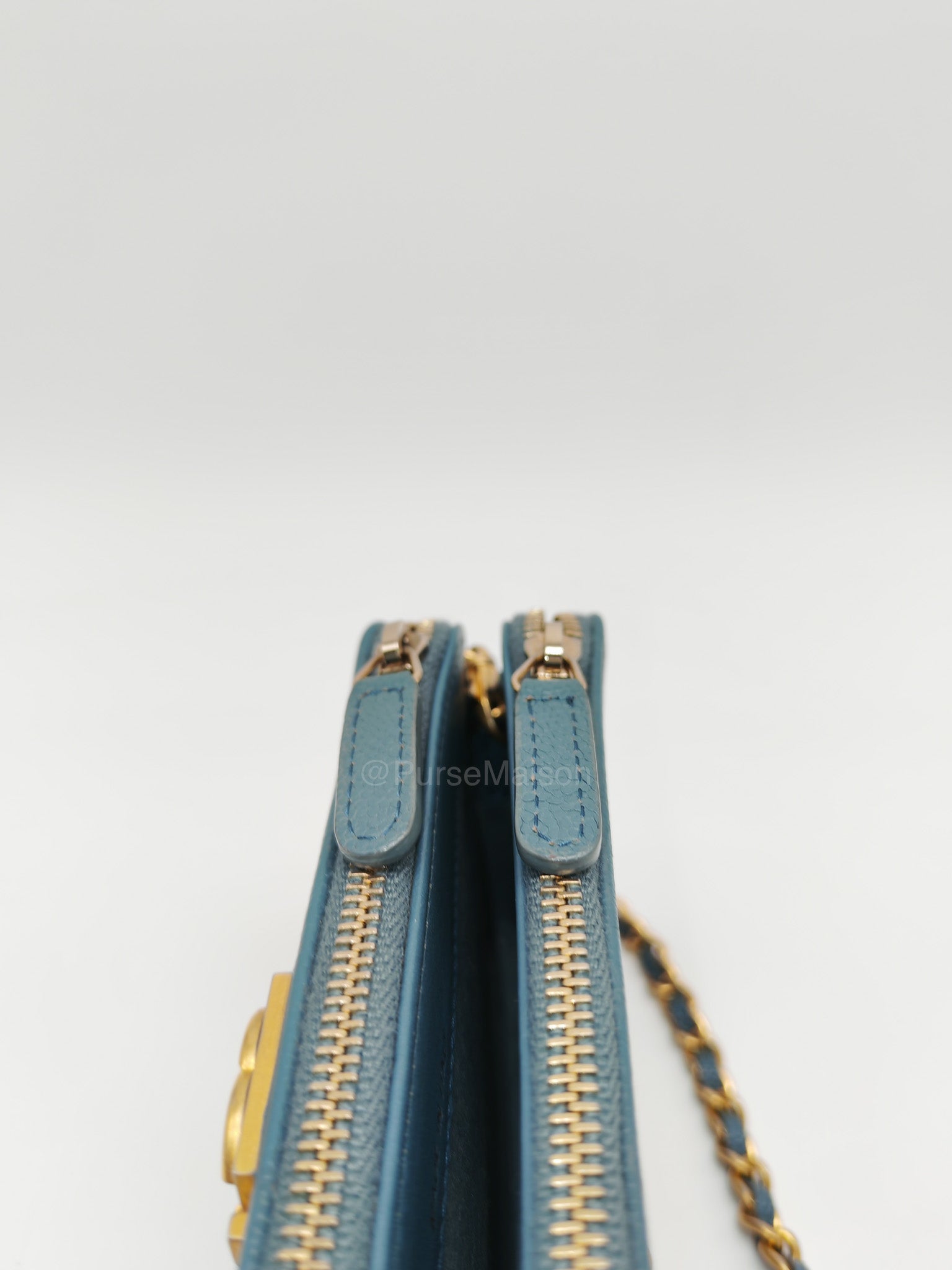 Chanel Boy Zipped Double Zip Around Wallet in Chain in Blue-gray Caviar Leather in Aged Gold Hardware (Series 25)