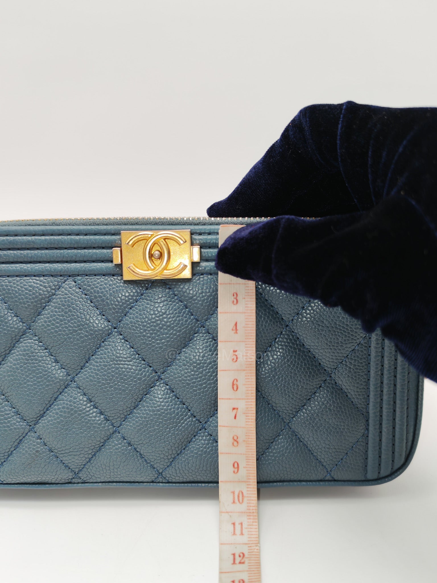 Chanel Boy Zipped Double Zip Around Wallet in Chain in Blue-gray Caviar Leather in Aged Gold Hardware (Series 25)