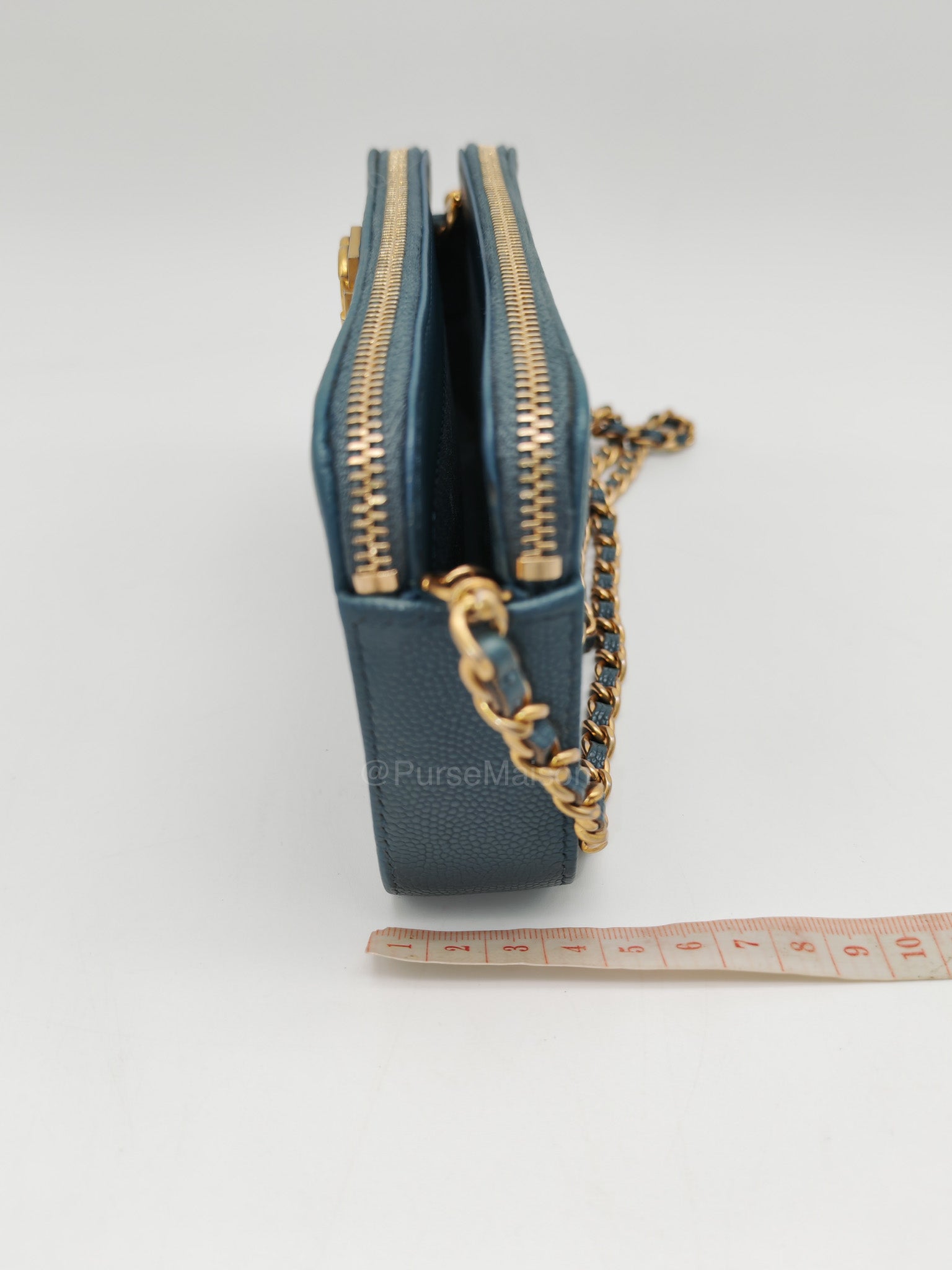 Chanel Boy Zipped Double Zip Around Wallet in Chain in Blue-gray Caviar Leather in Aged Gold Hardware (Series 25)