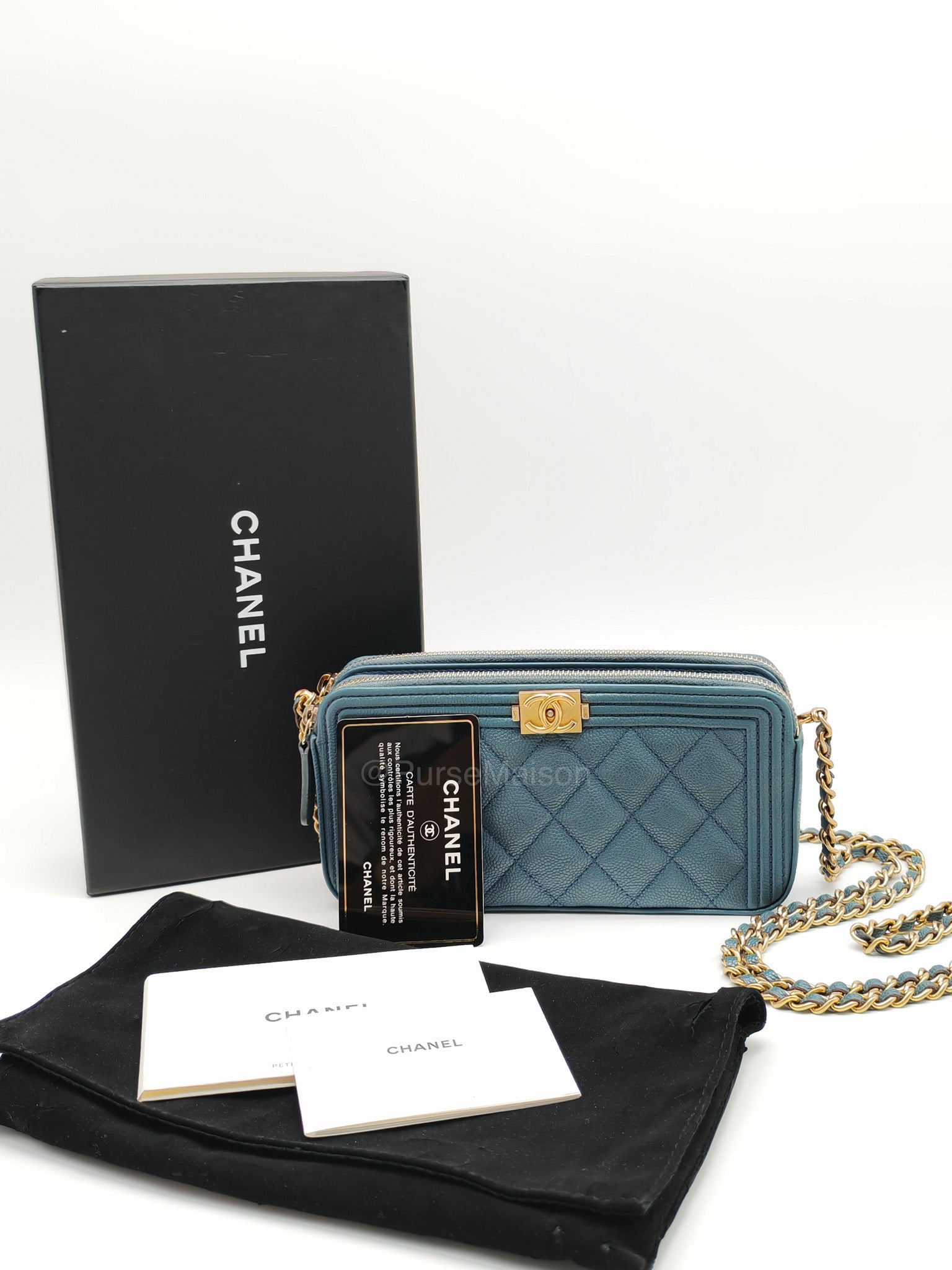 Chanel Boy Zipped Double Zip Around Wallet in Chain in Blue-gray Caviar Leather in Aged Gold Hardware (Series 25)