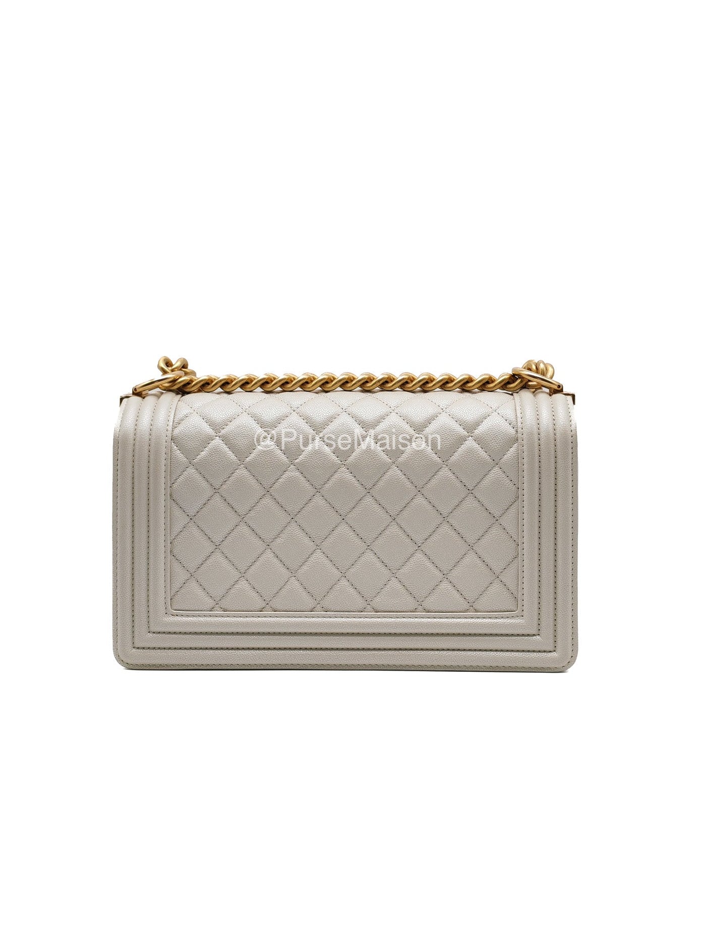 Chanel Boy Old Medium in Off-White Iridescent Quilted Caviar Leather and Aged Gold Hardware (Microchip)