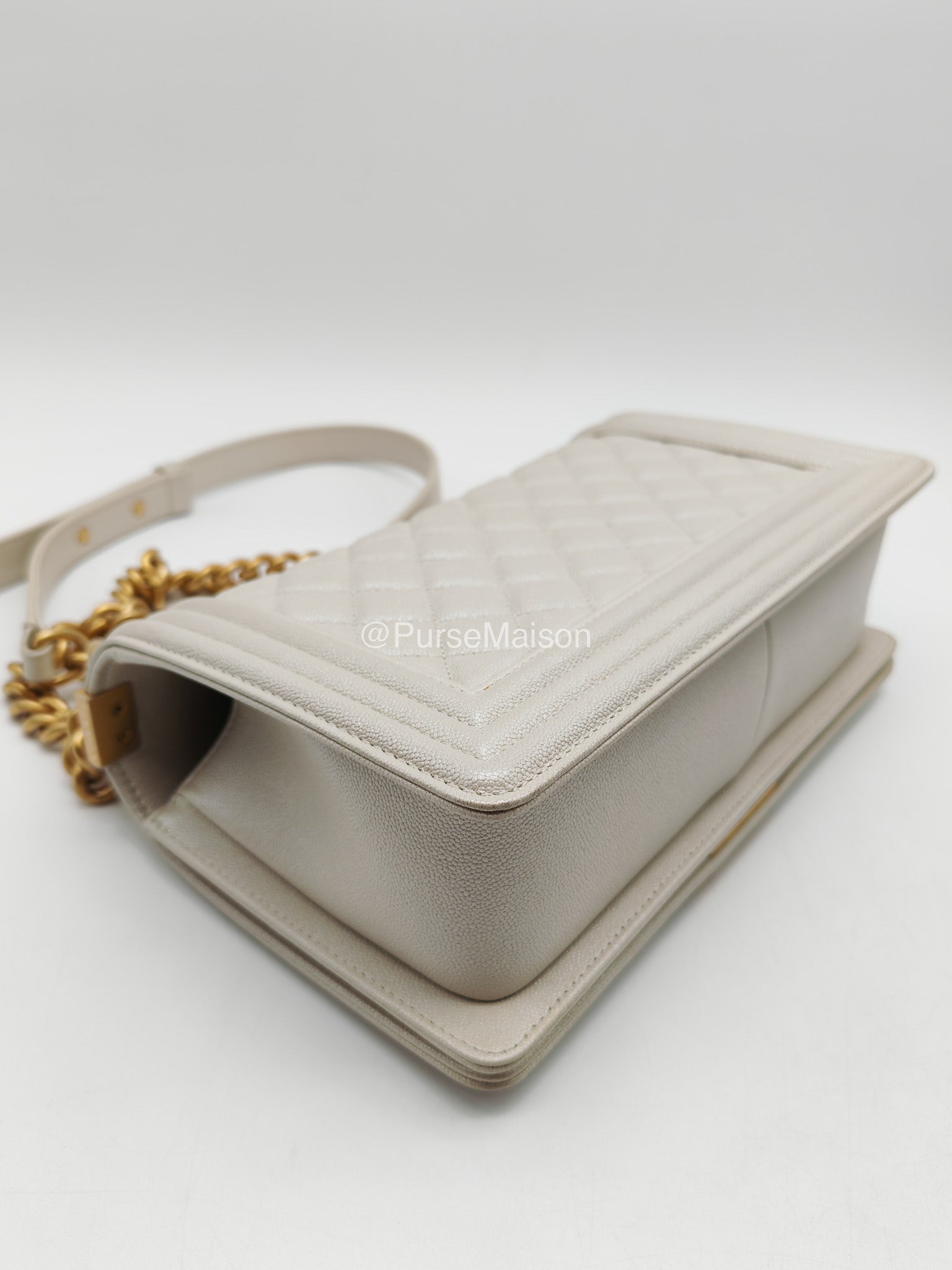 Chanel Boy Old Medium in Off-White Iridescent Quilted Caviar Leather and Aged Gold Hardware (Microchip)