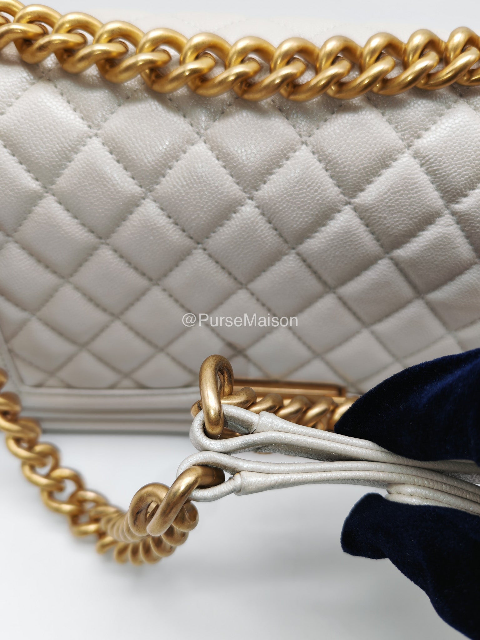 Chanel Boy Old Medium in Off-White Iridescent Quilted Caviar Leather and Aged Gold Hardware (Microchip)