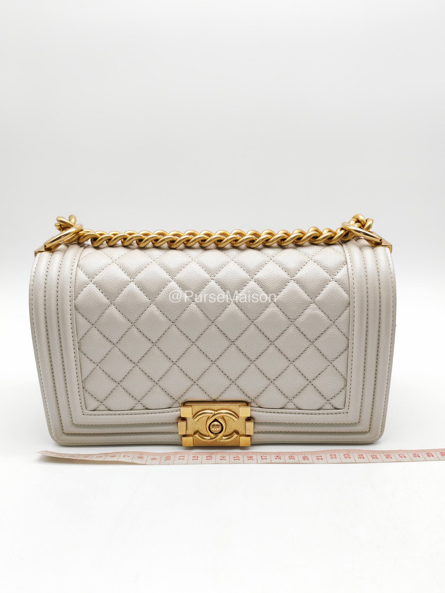 Chanel Boy Old Medium in Off-White Iridescent Quilted Caviar Leather and Aged Gold Hardware (Microchip)