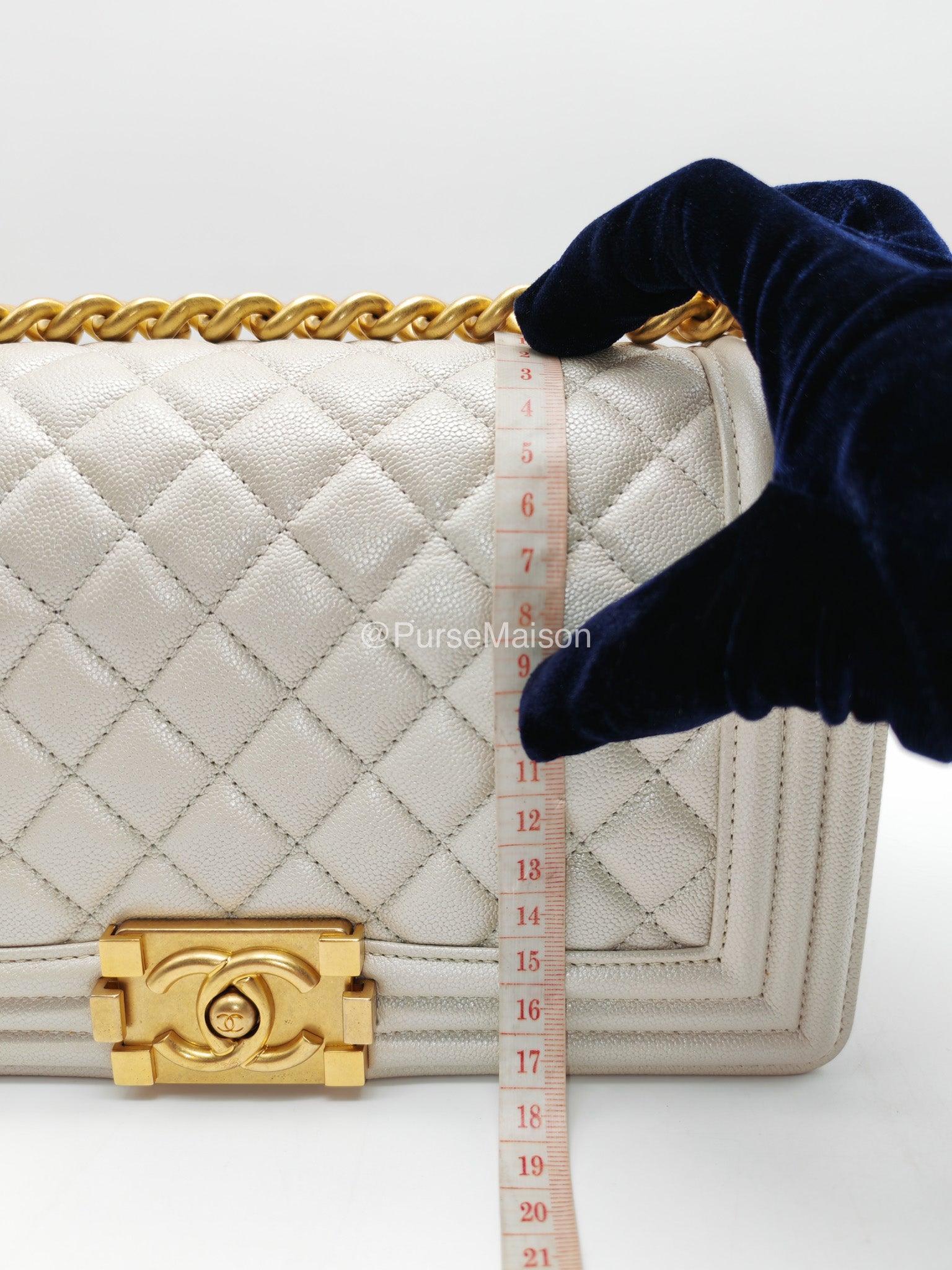 Chanel Boy Old Medium in Off-White Iridescent Quilted Caviar Leather and Aged Gold Hardware (Microchip)