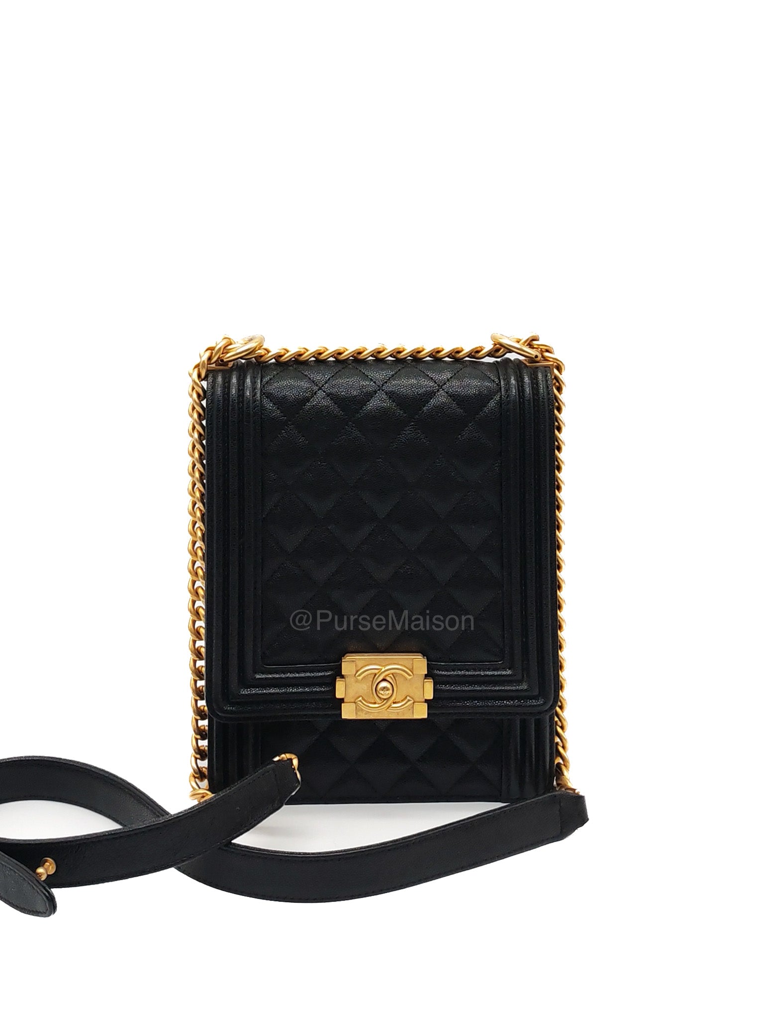 Chanel Boy North South Flap Bag in Black Quilted Caviar Leather and Aged Gold Hardware Series 28