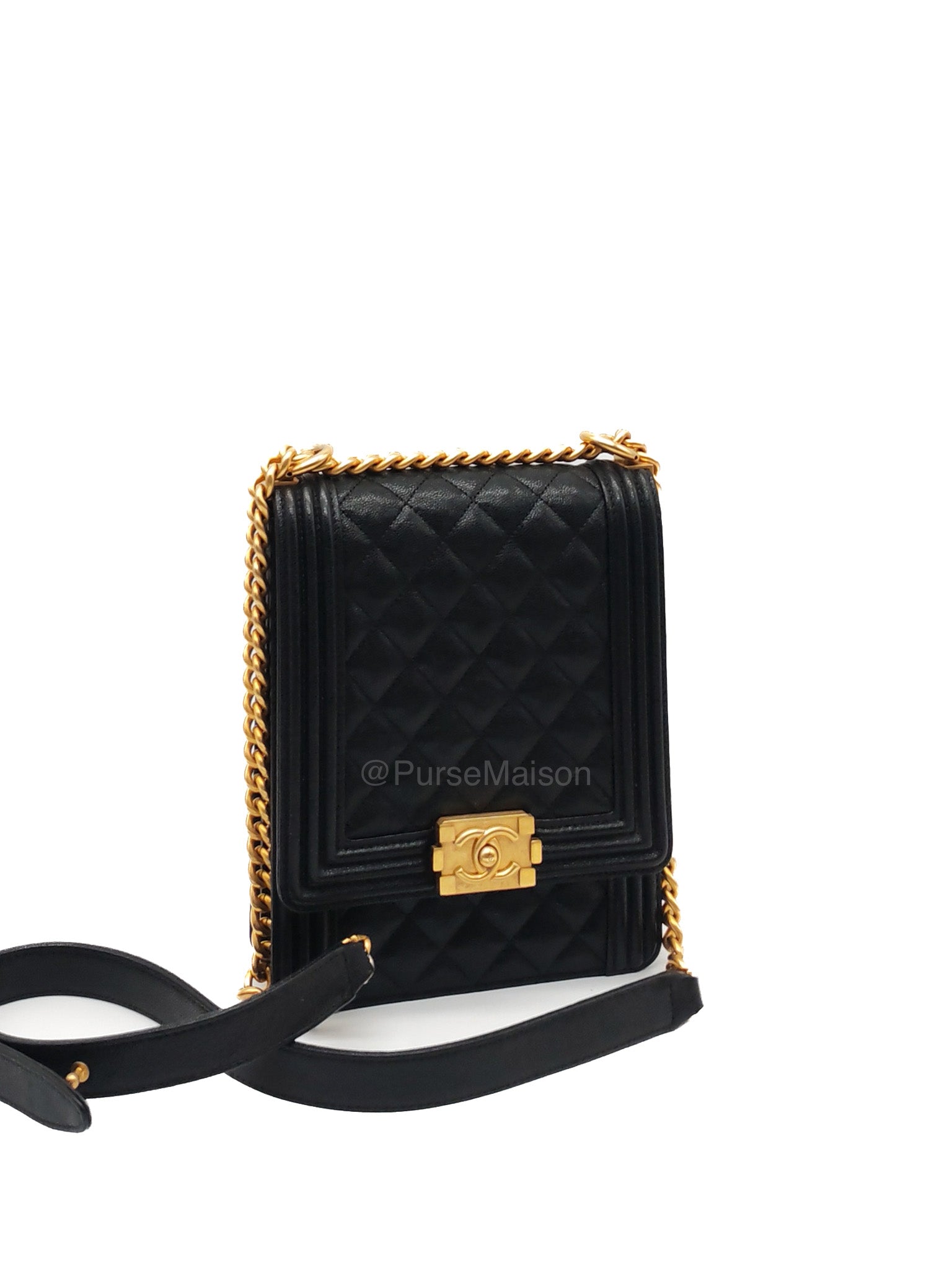 Chanel Boy North South Flap Bag in Black Quilted Caviar Leather and Aged Gold Hardware Series 28