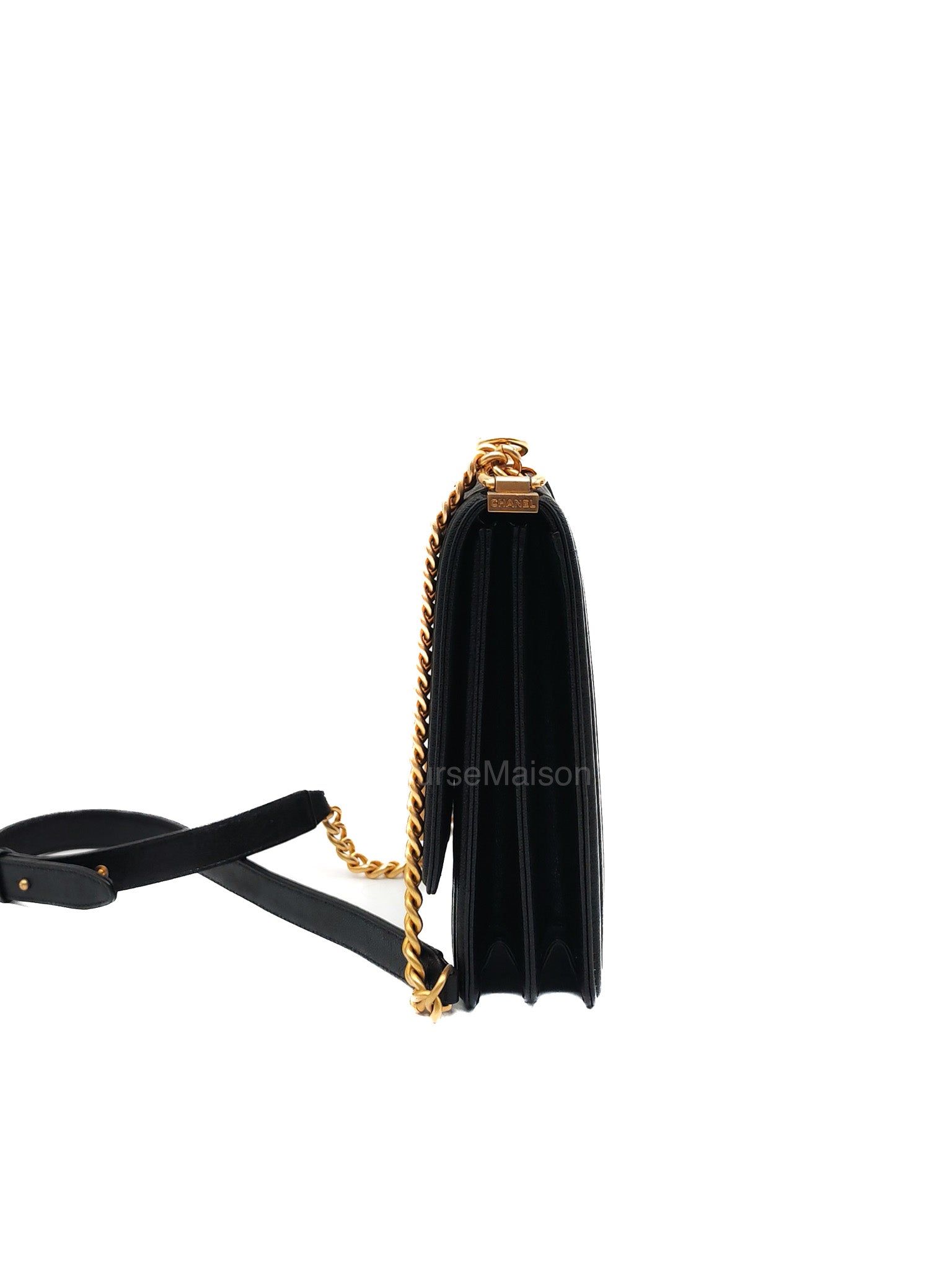 Chanel Boy North South Flap Bag in Black Quilted Caviar Leather and Aged Gold Hardware Series 28