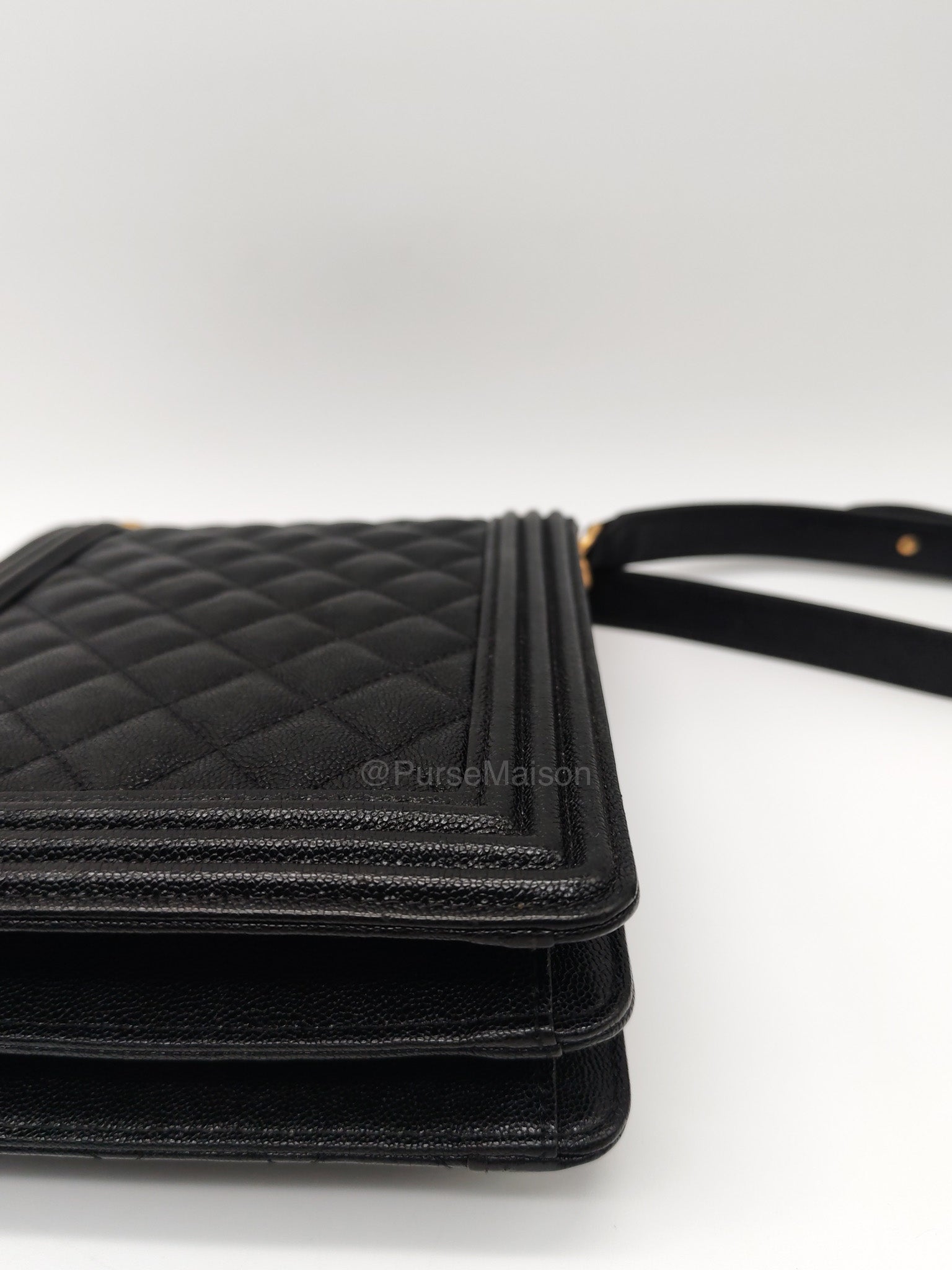 Chanel Boy North South Flap Bag in Black Quilted Caviar Leather and Aged Gold Hardware Series 28